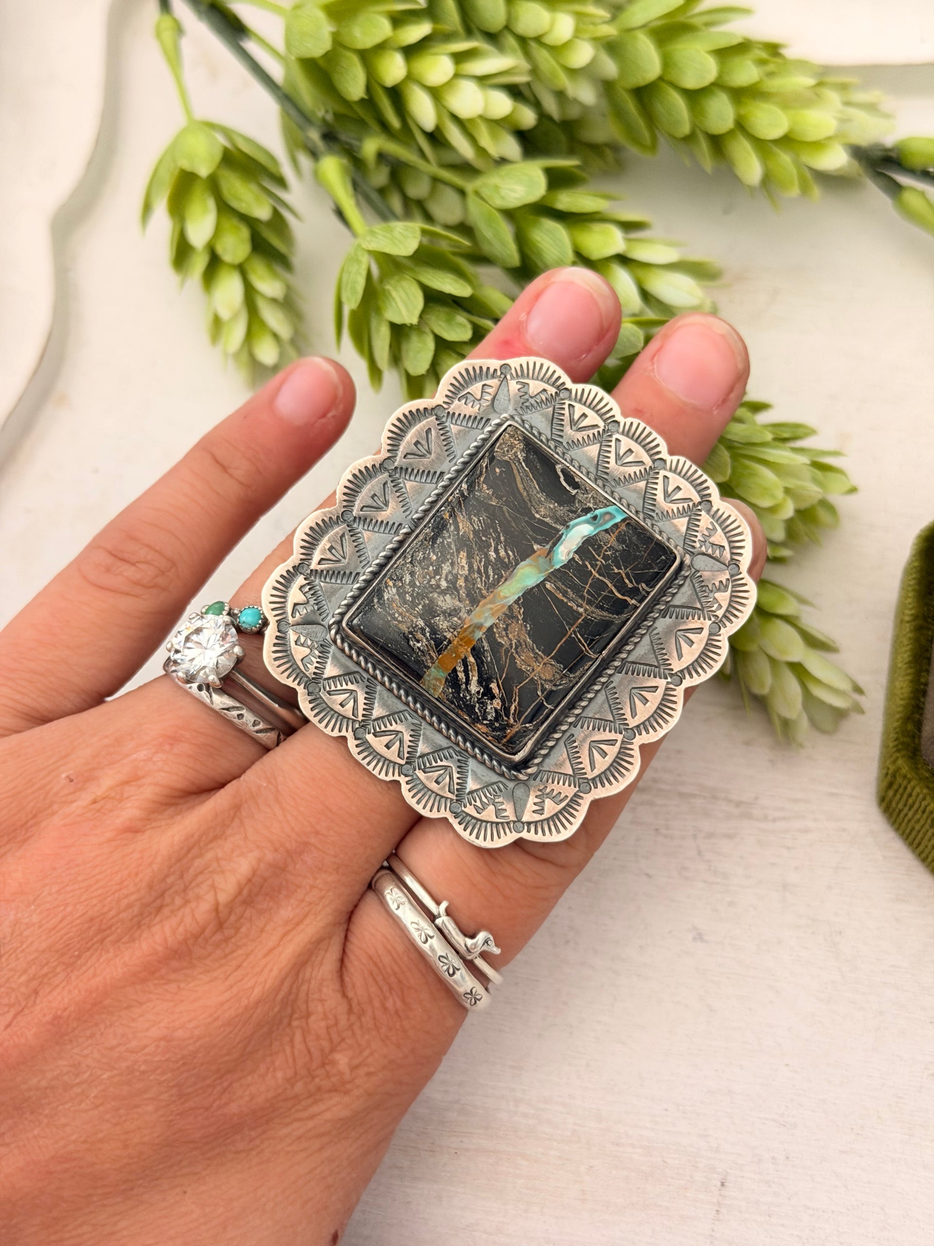 John Skeets Black Jack Turquoise & Sterling Silver Ring Size 6.25