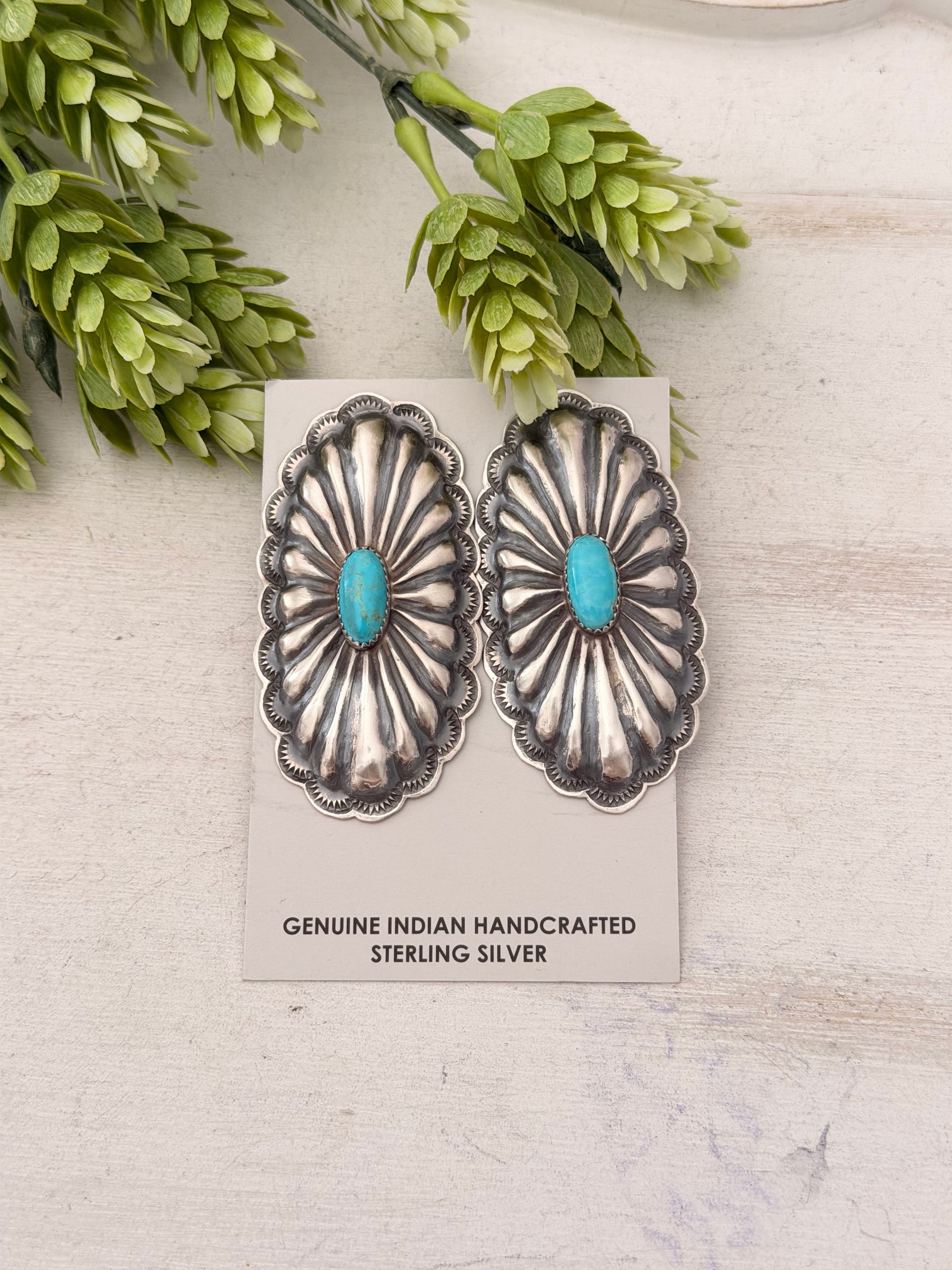 Rita Lee Kingman Turquoise & Sterling Silver Post Dangle Concho Earrings