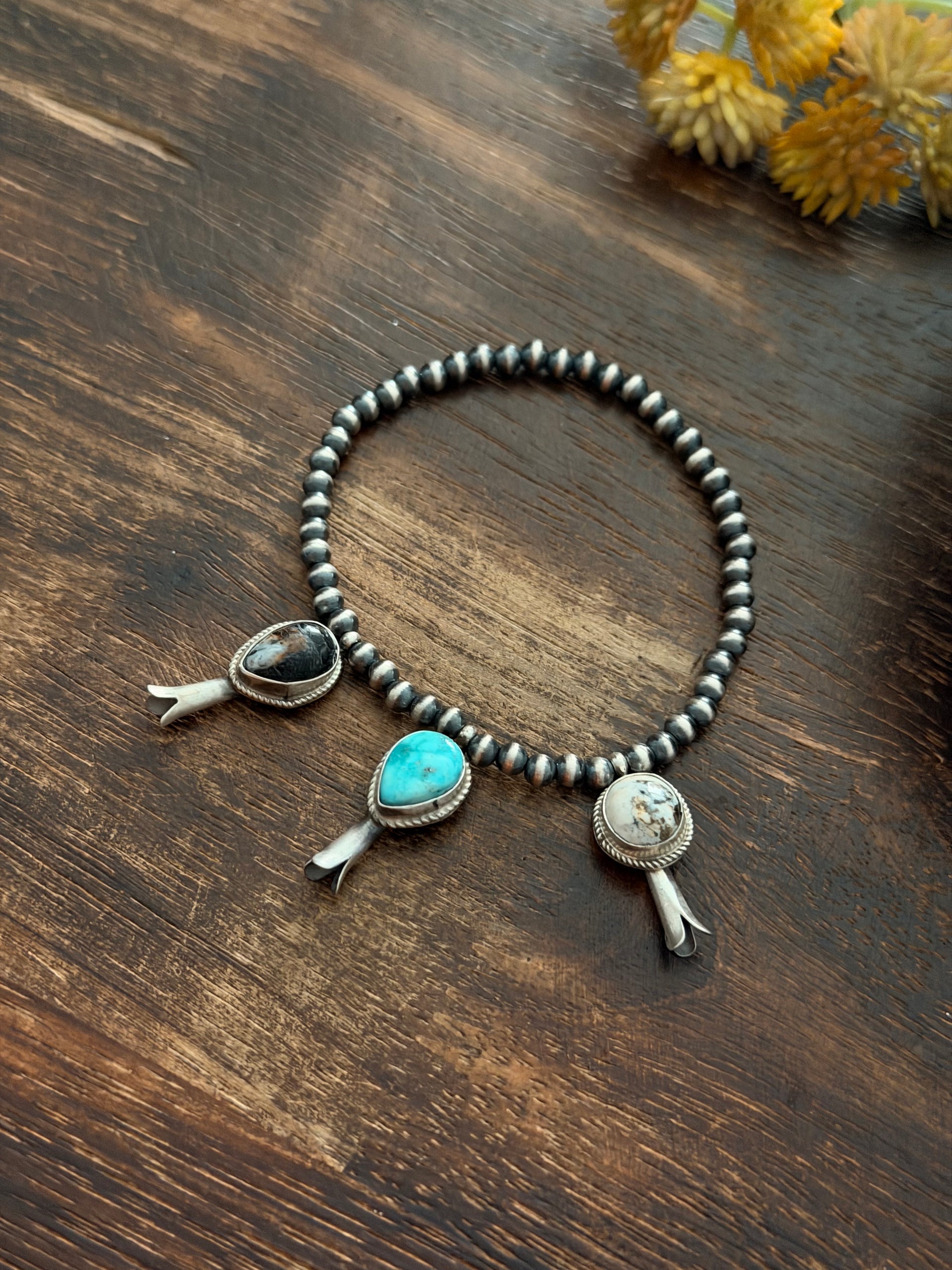 George Rios Multi Stone & Sterling Silver Hand Strung Pearl Beaded Stretch Bracelet