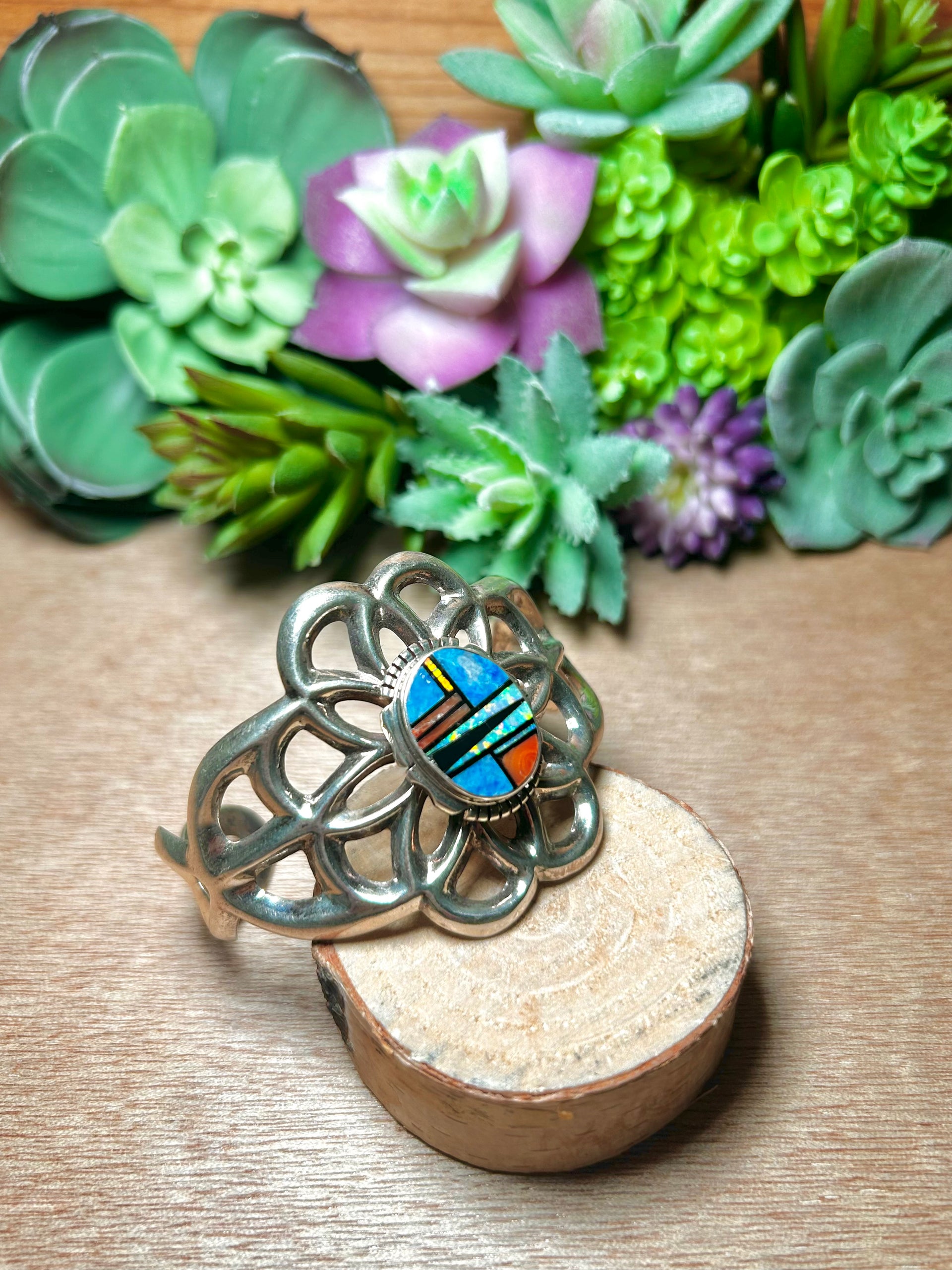 Vintage Navajo Multi Stone & Sterling Silver Cuff Bracelet