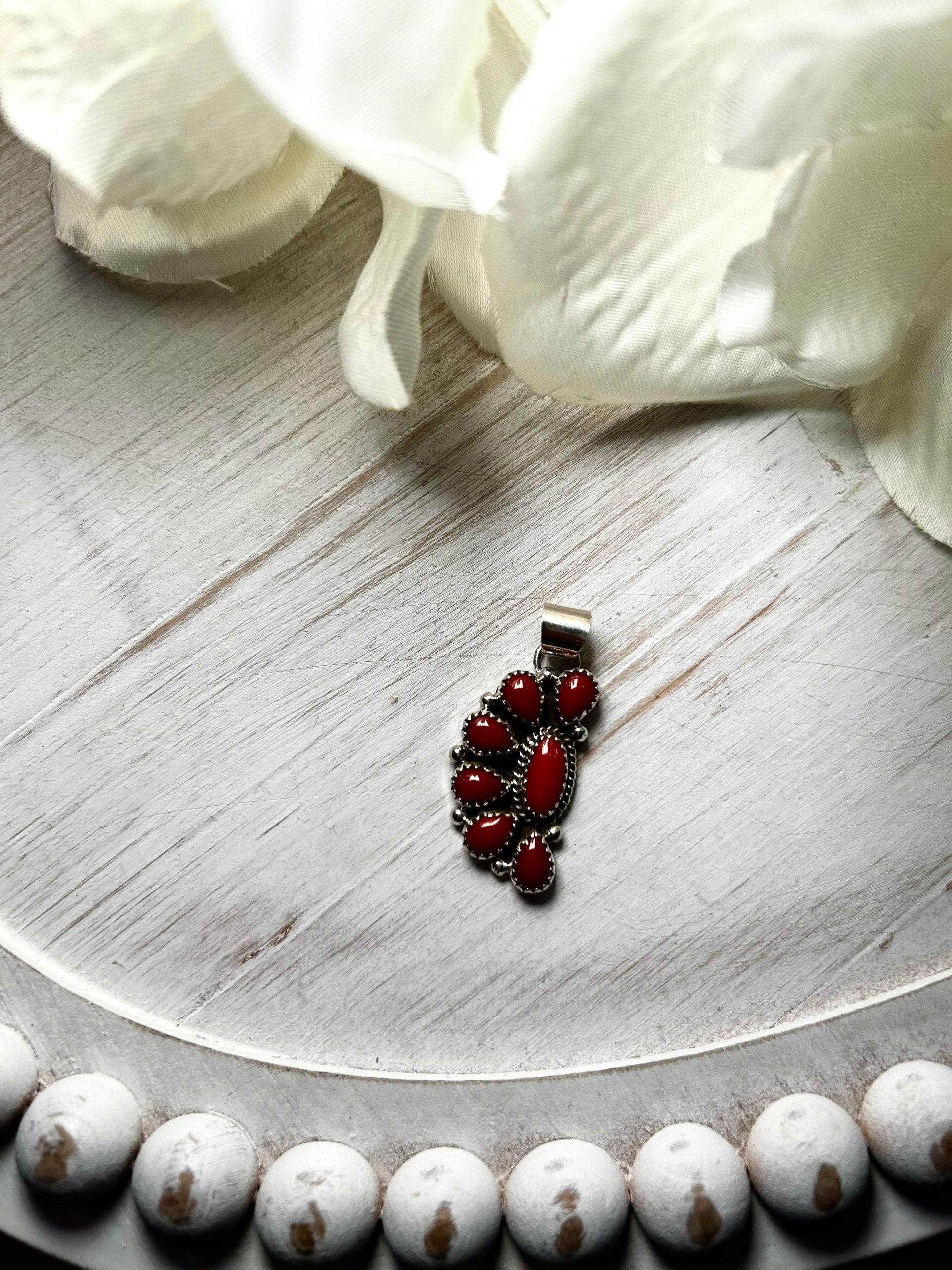 Navajo Made Natural Coral & Sterling Silver Pendant