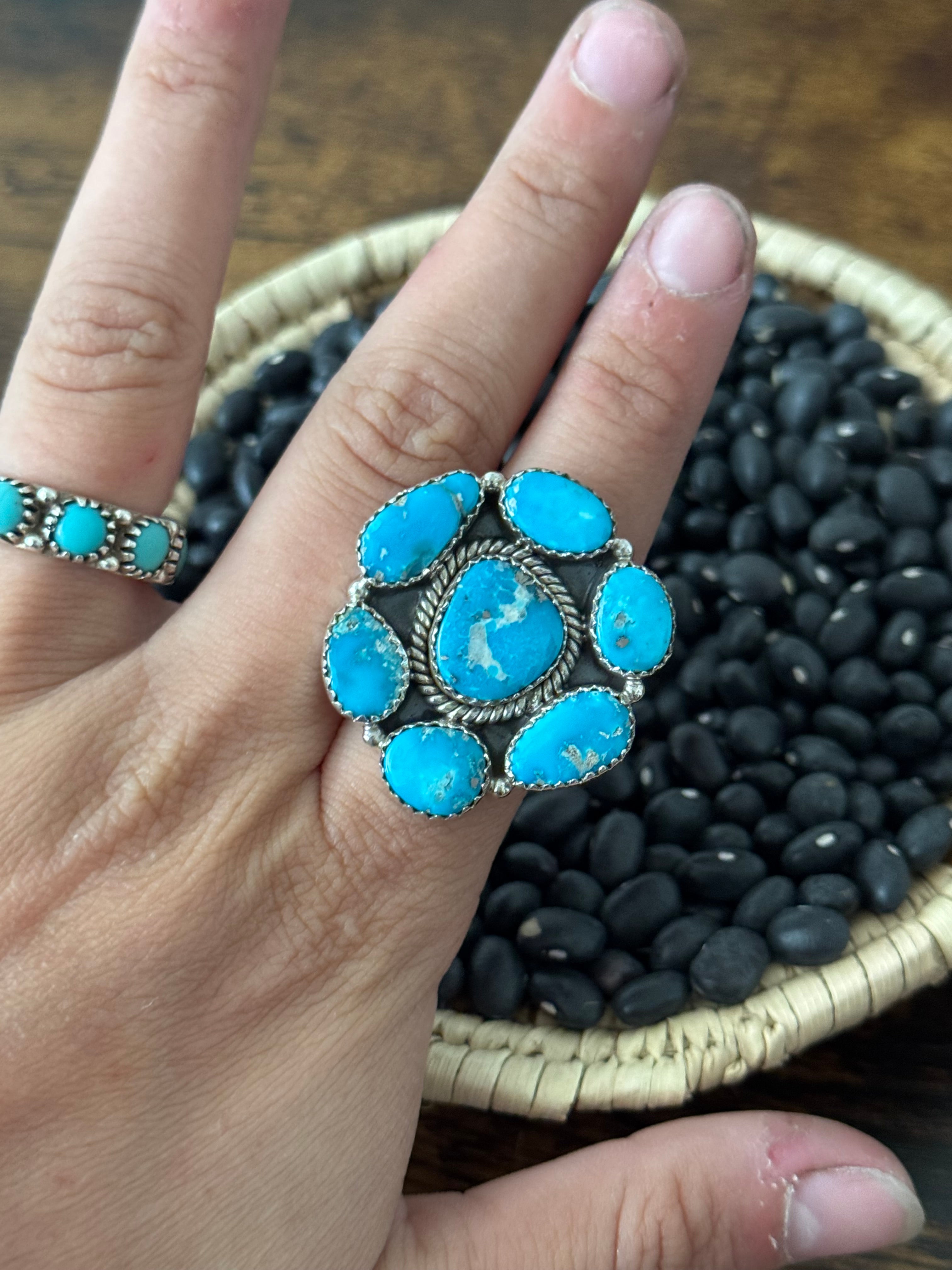 Southwest Handmade Valley Blue Turquoise & Sterling Silver Adjustable Cluster Ring