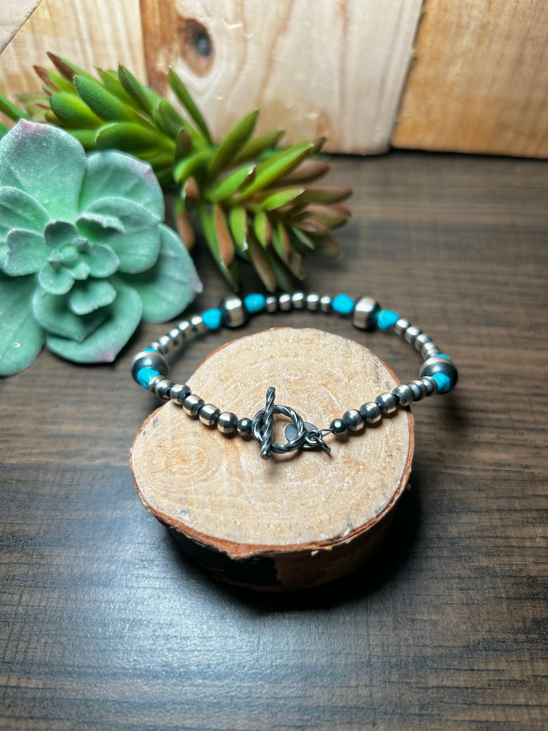 Navajo Strung Kingman Turquoise & Sterling Silver Bracelet