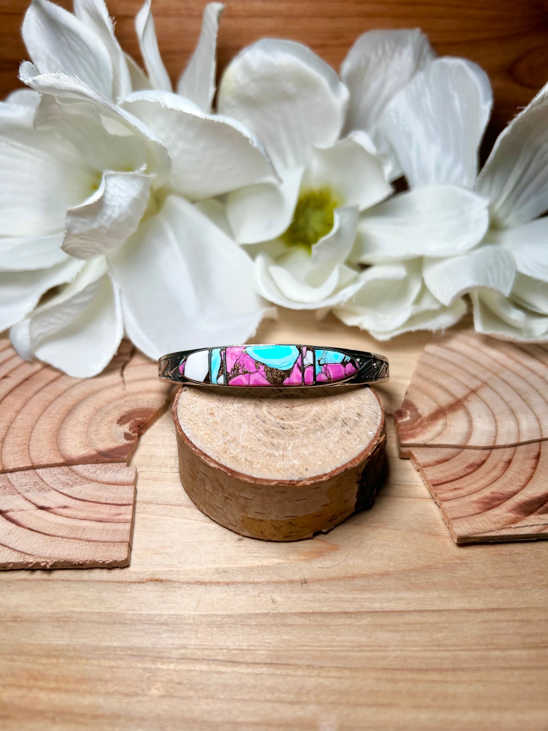 Navajo Made Cotton Candy Dahlia & Sterling Silver Cuff Bracelet