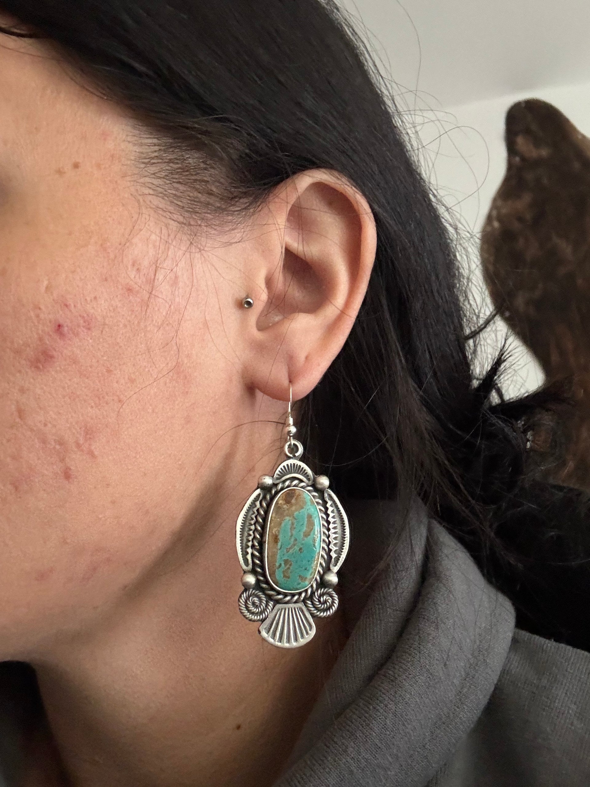 Navajo Made Kingman Turquoise & Sterling Silver Dangle Earrings