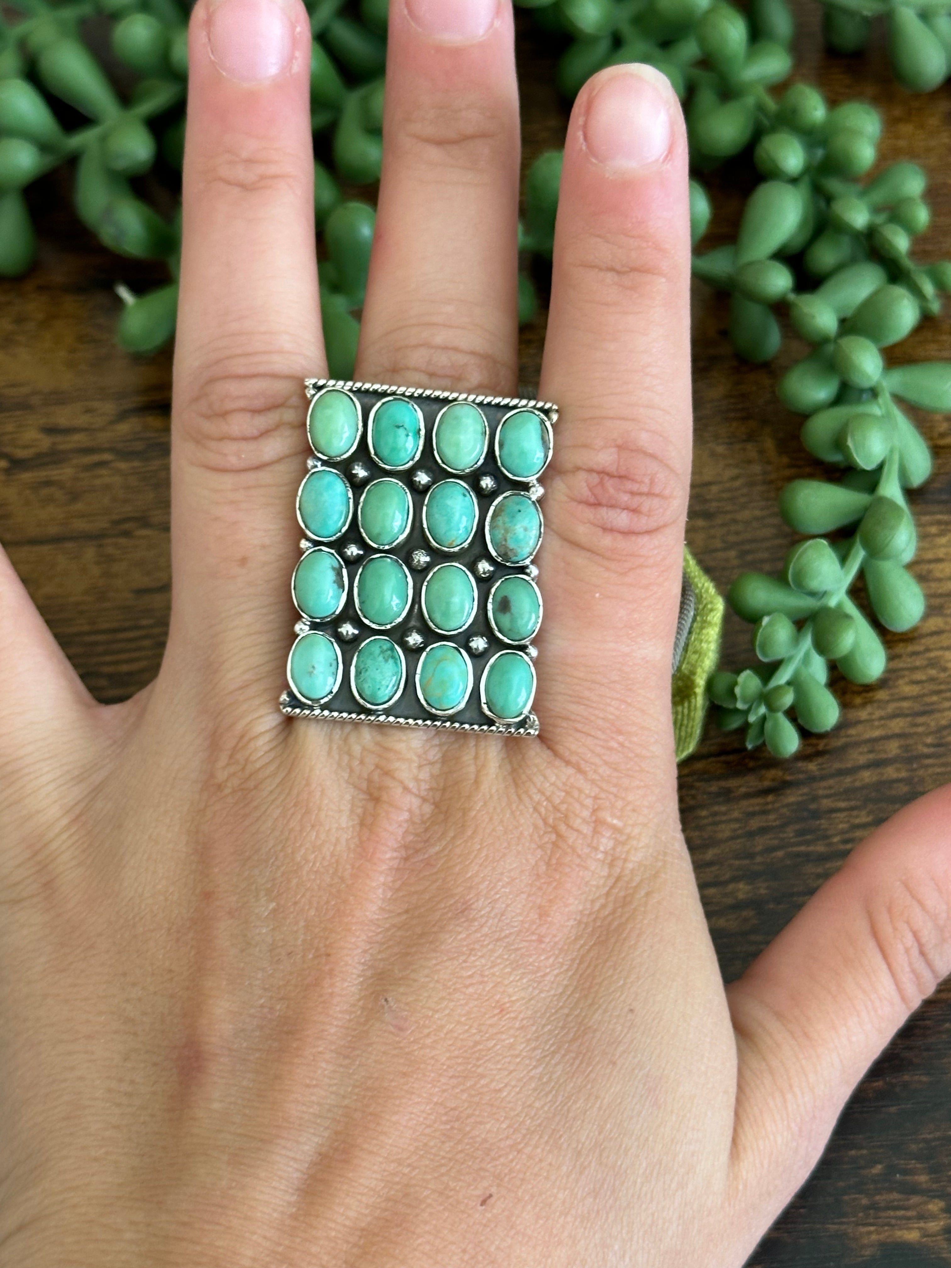 Southwest Handmade Kingman Turquoise & Sterling Silver Adjustable Cluster Ring