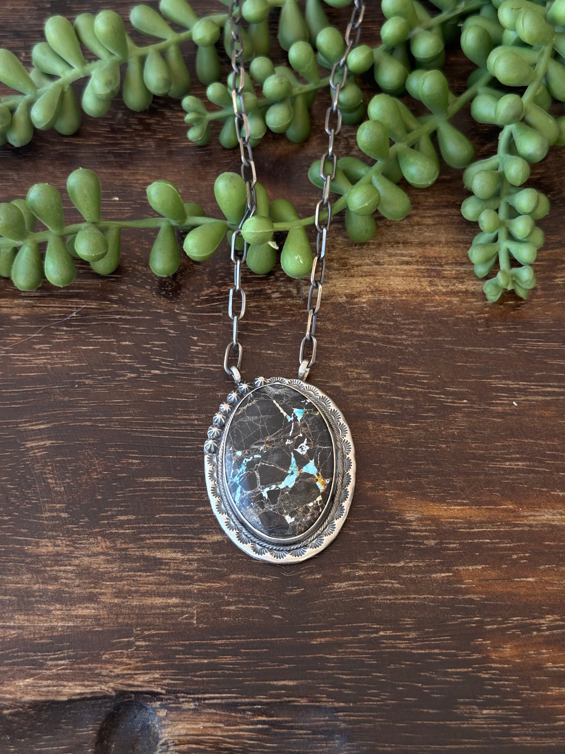 Navajo Made Black Jack Turquoise & Sterling Silver Necklace