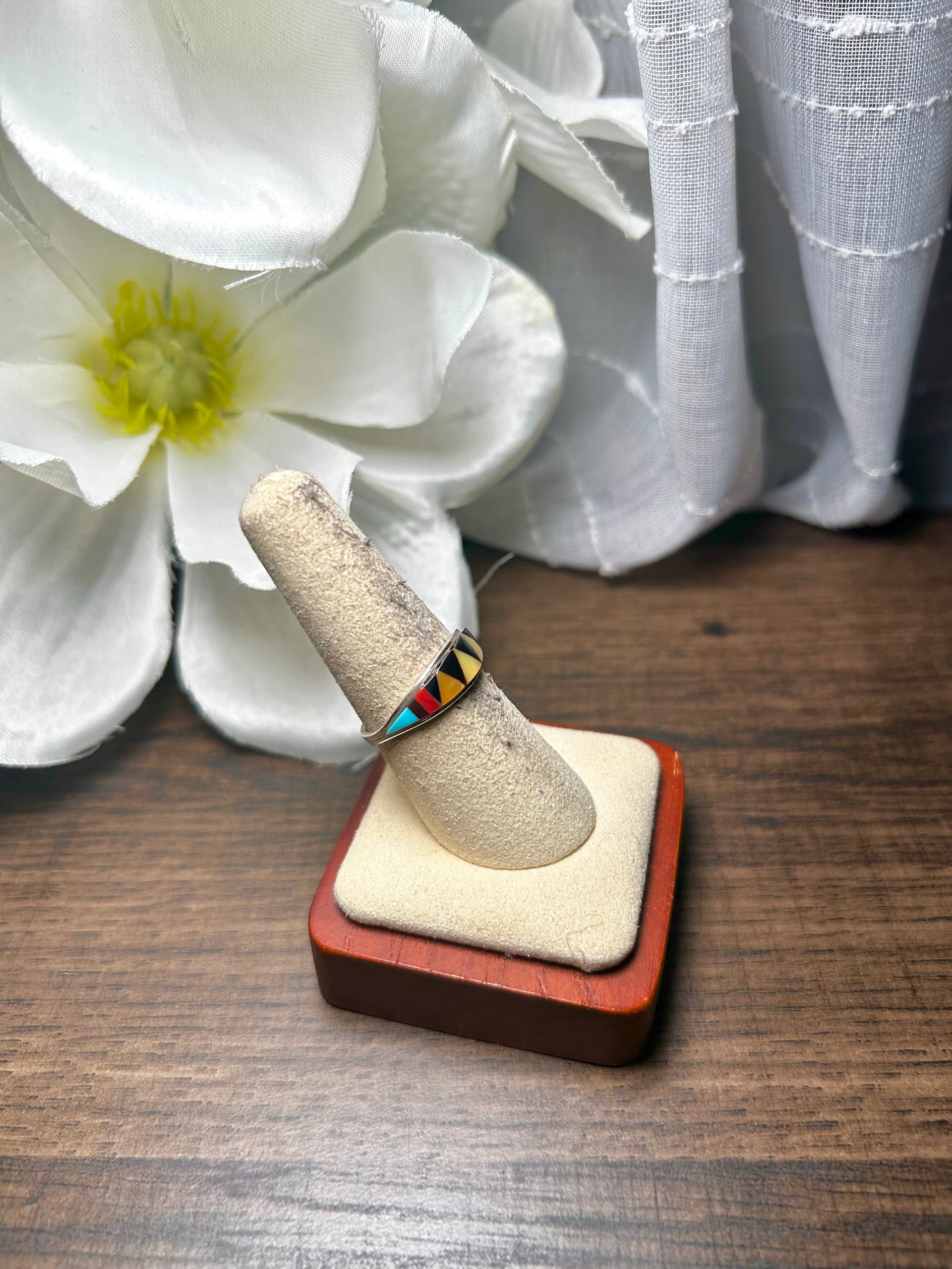 Zuni Made Multi Stone & Sterling Silver Ring Size 7.75