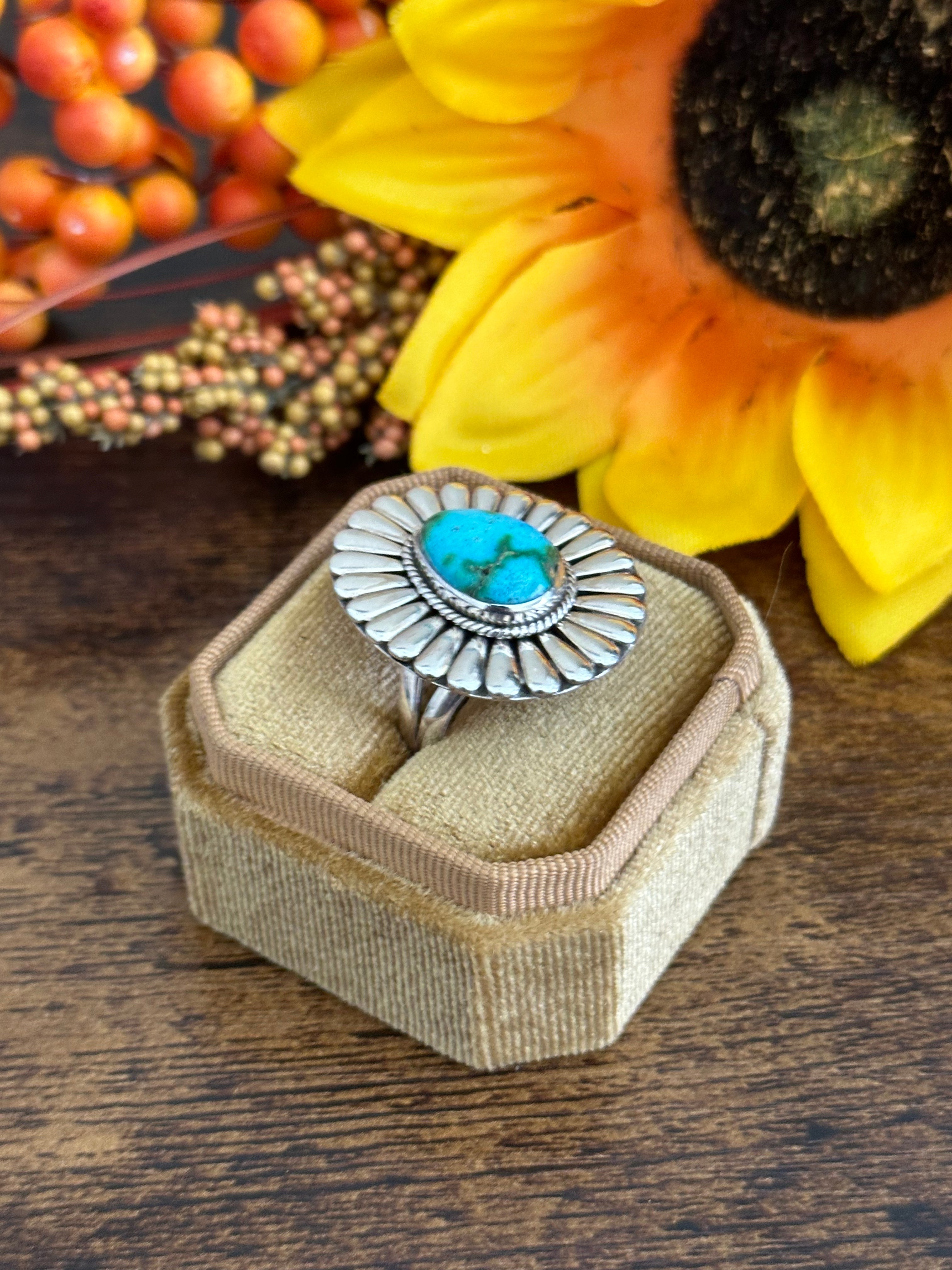 Navajo Made Sonoran Mountain Turquoise & Sterling Silver Ring Size 10.75