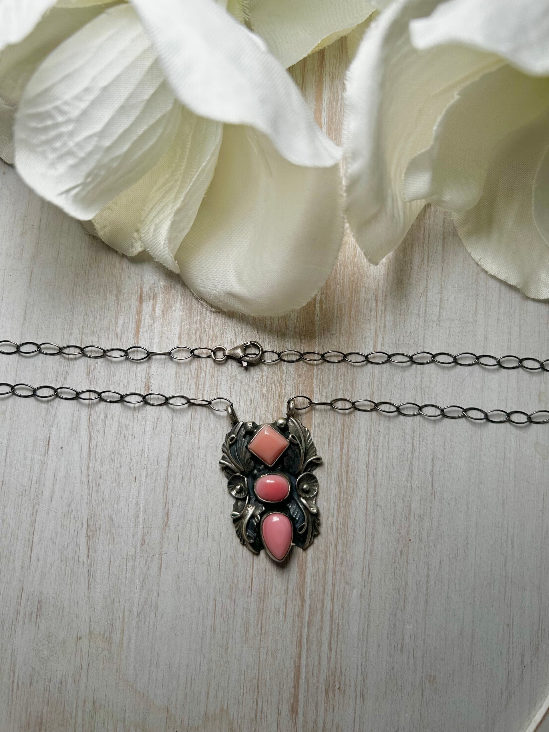 Navajo Made Pink Conch & Sterling Silver Necklace