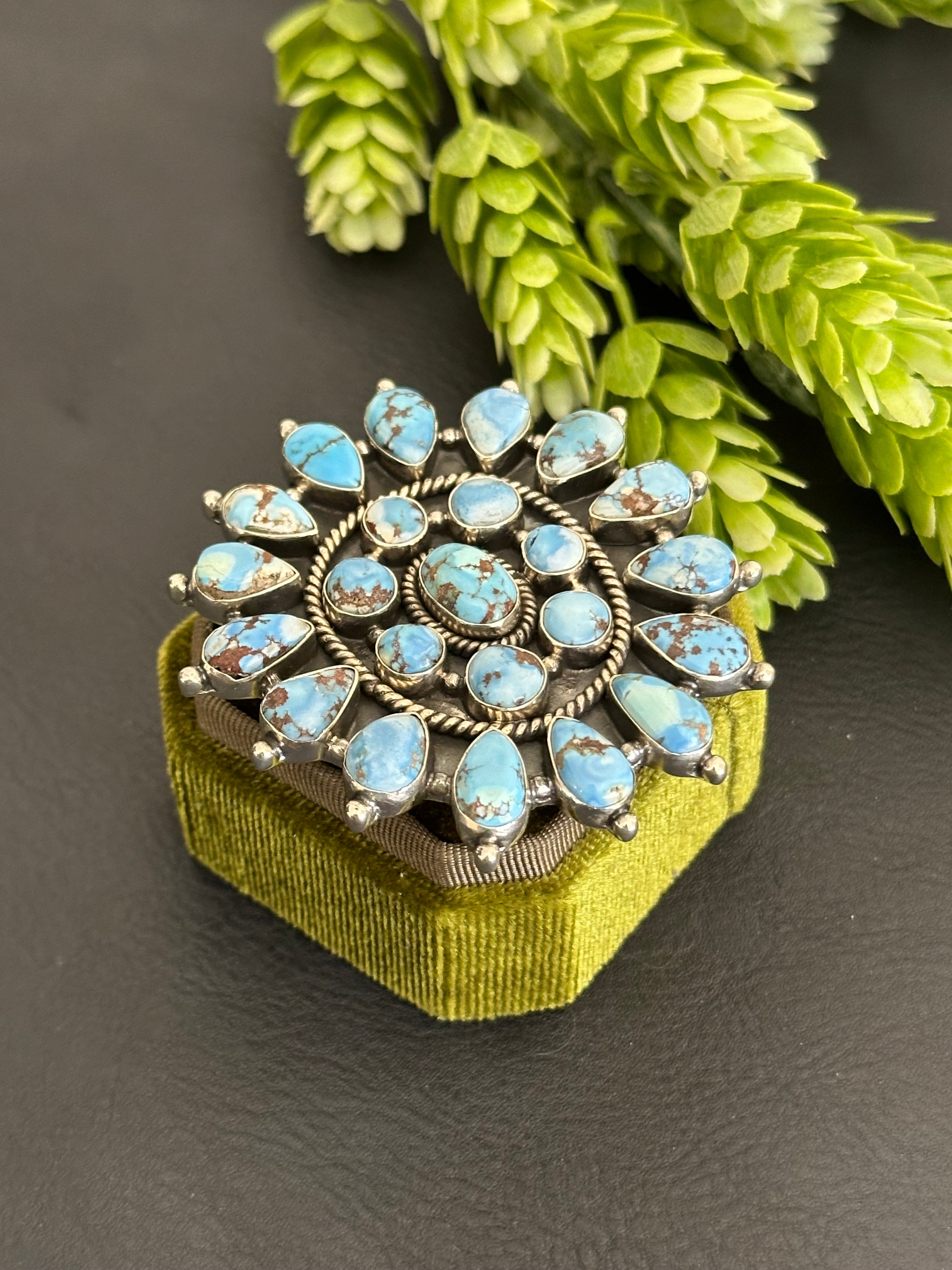 Southwest Handmade Golden Hills Turquoise & Sterling Silver Adjustable Cluster Ring