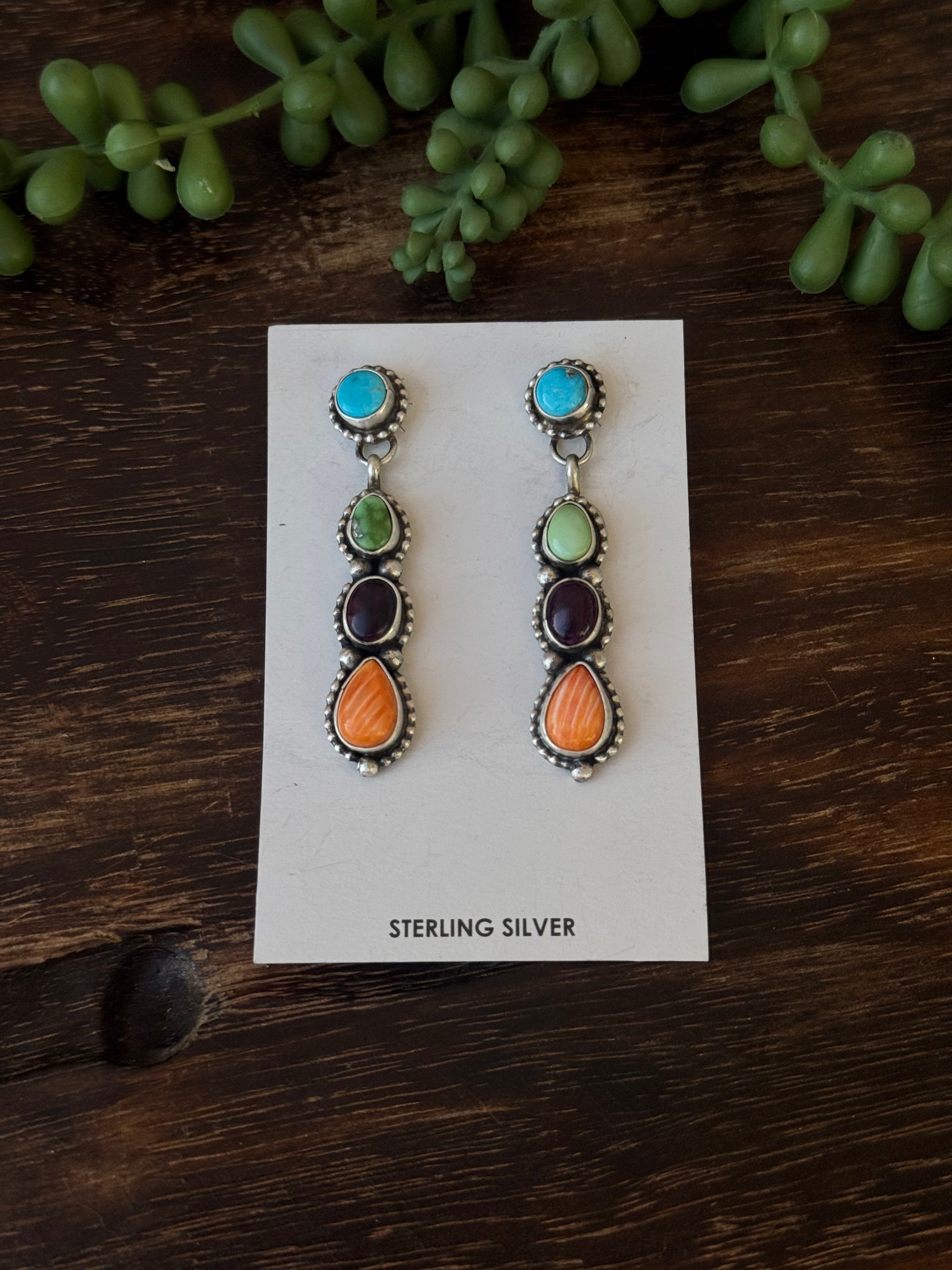 Navajo Made Multi Stone & Sterling Silver Post Dangle Earrings