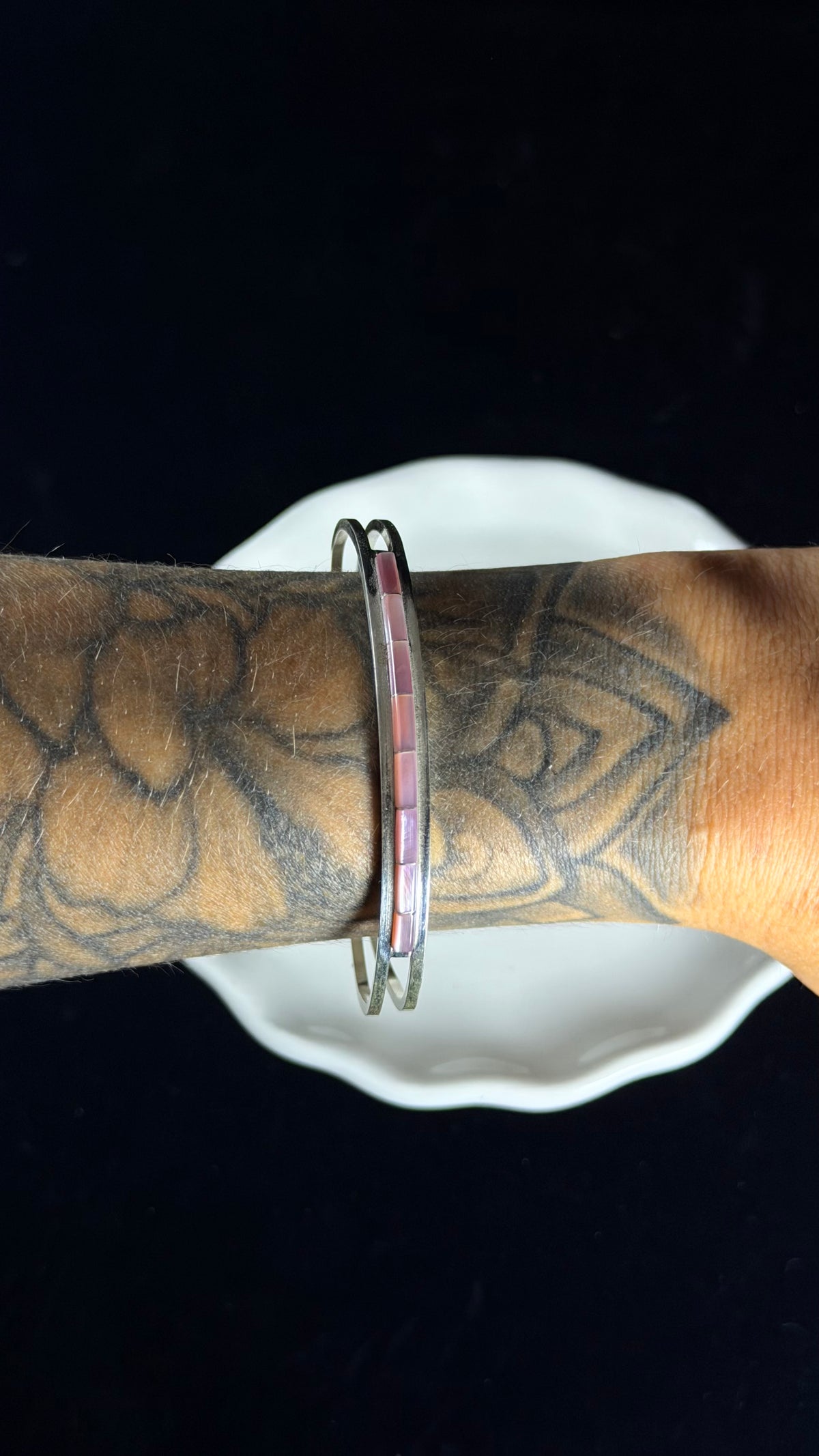 Zuni Made Mother of Pearl & Sterling Silver Inlay Cuff Bracelet
