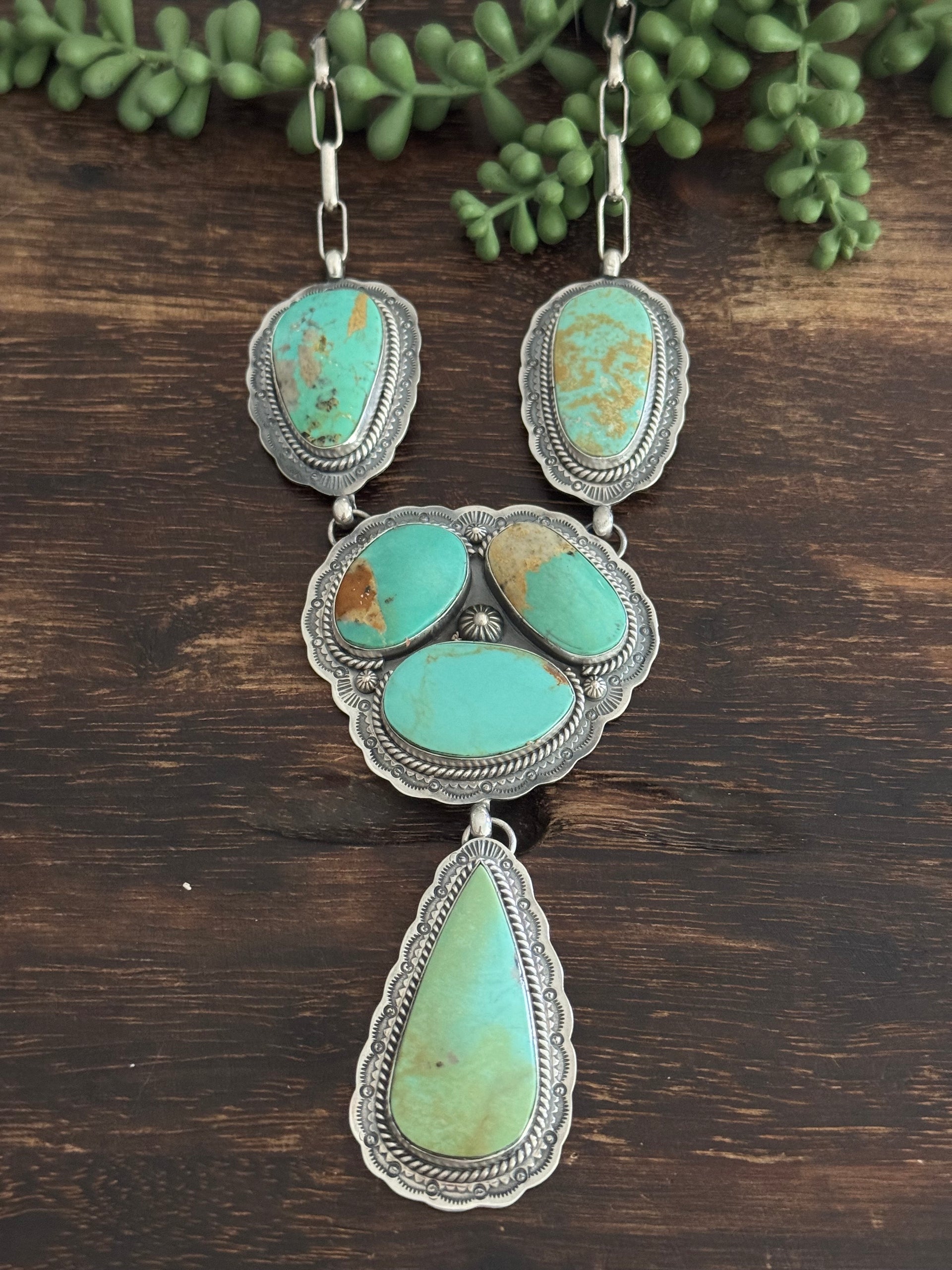 Navajo Made Kingman Turquoise & Sterling Silver Cluster Lariat Necklace