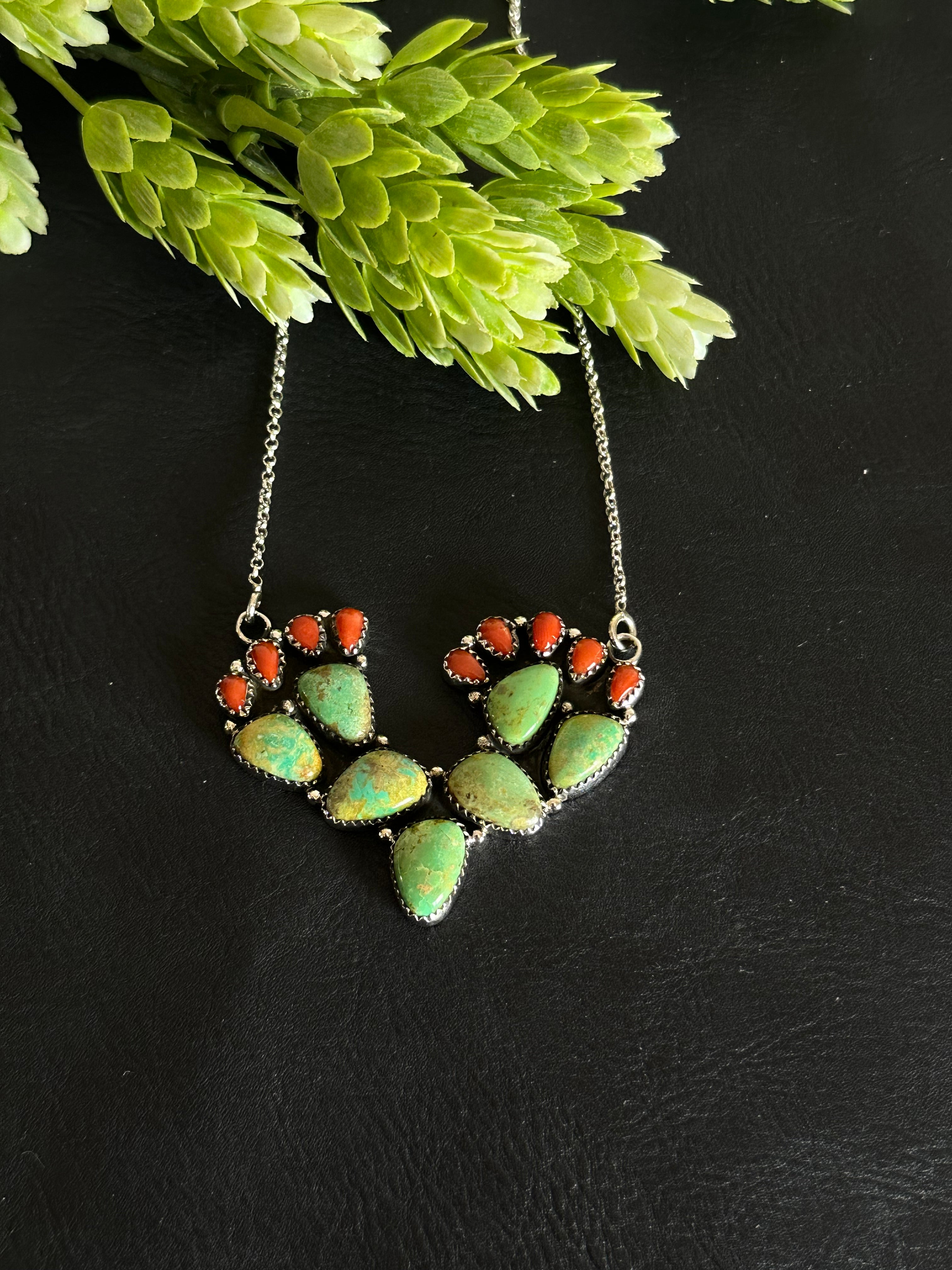 Southwest Handmade Multi Stone & Sterling Silver Cactus Necklace