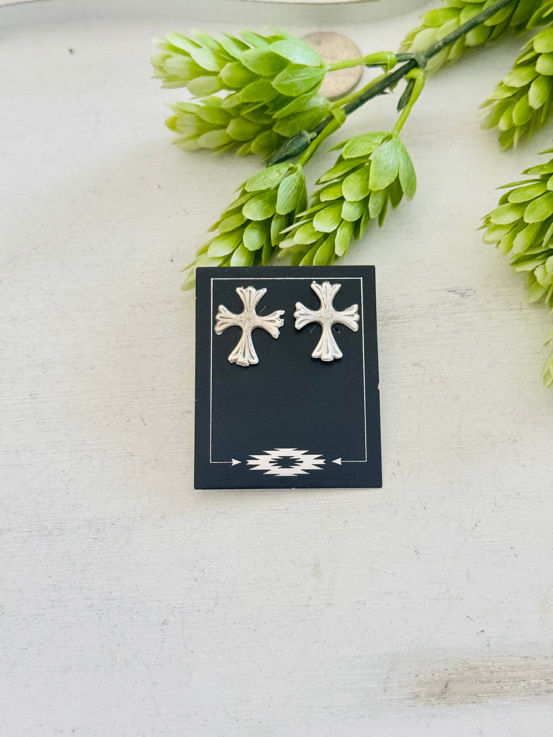 Navajo Made Sterling Silver Post Cross Earrings