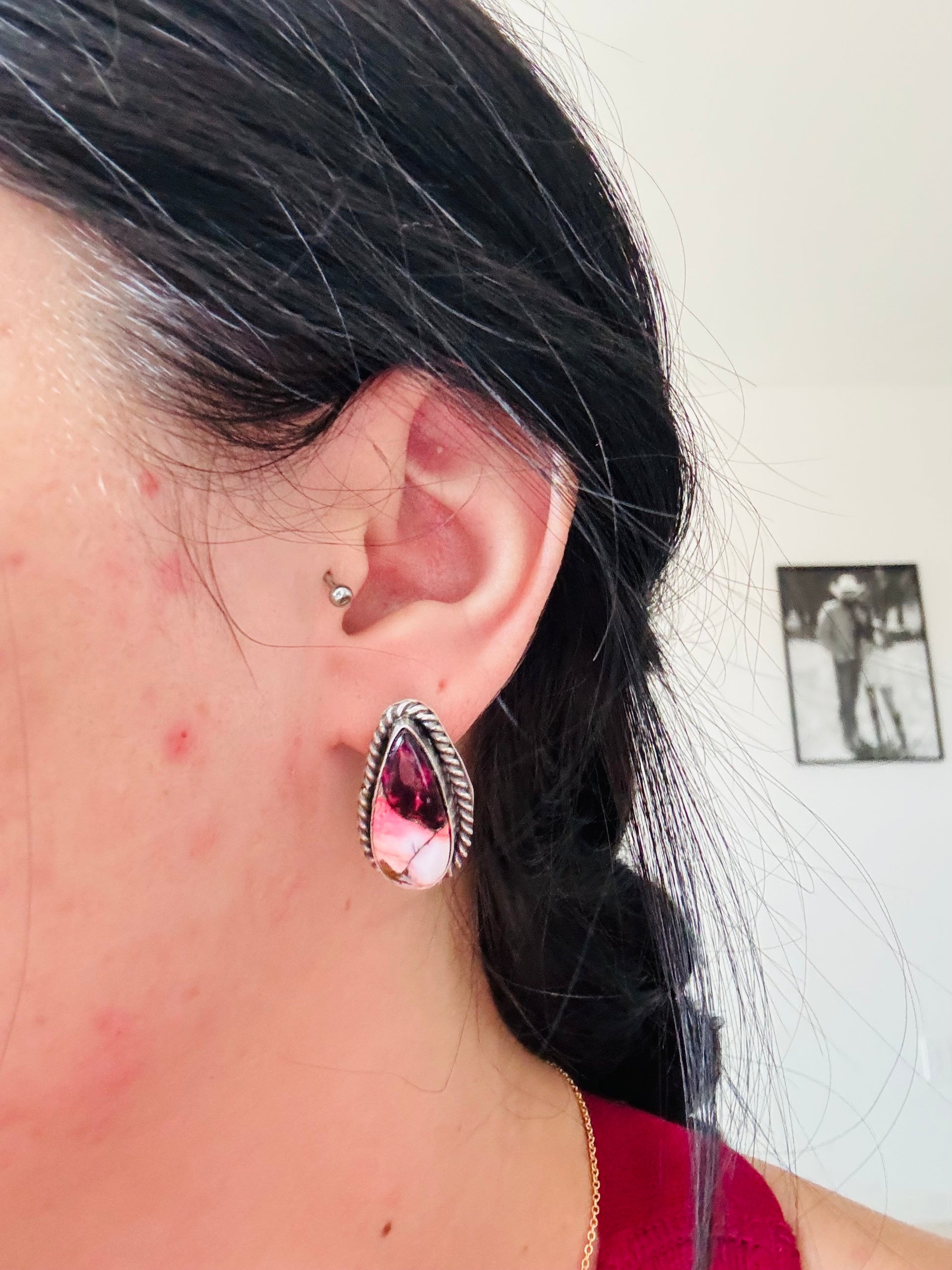 Navajo Made Dahlia Rose & Sterling Silver Post Earrings