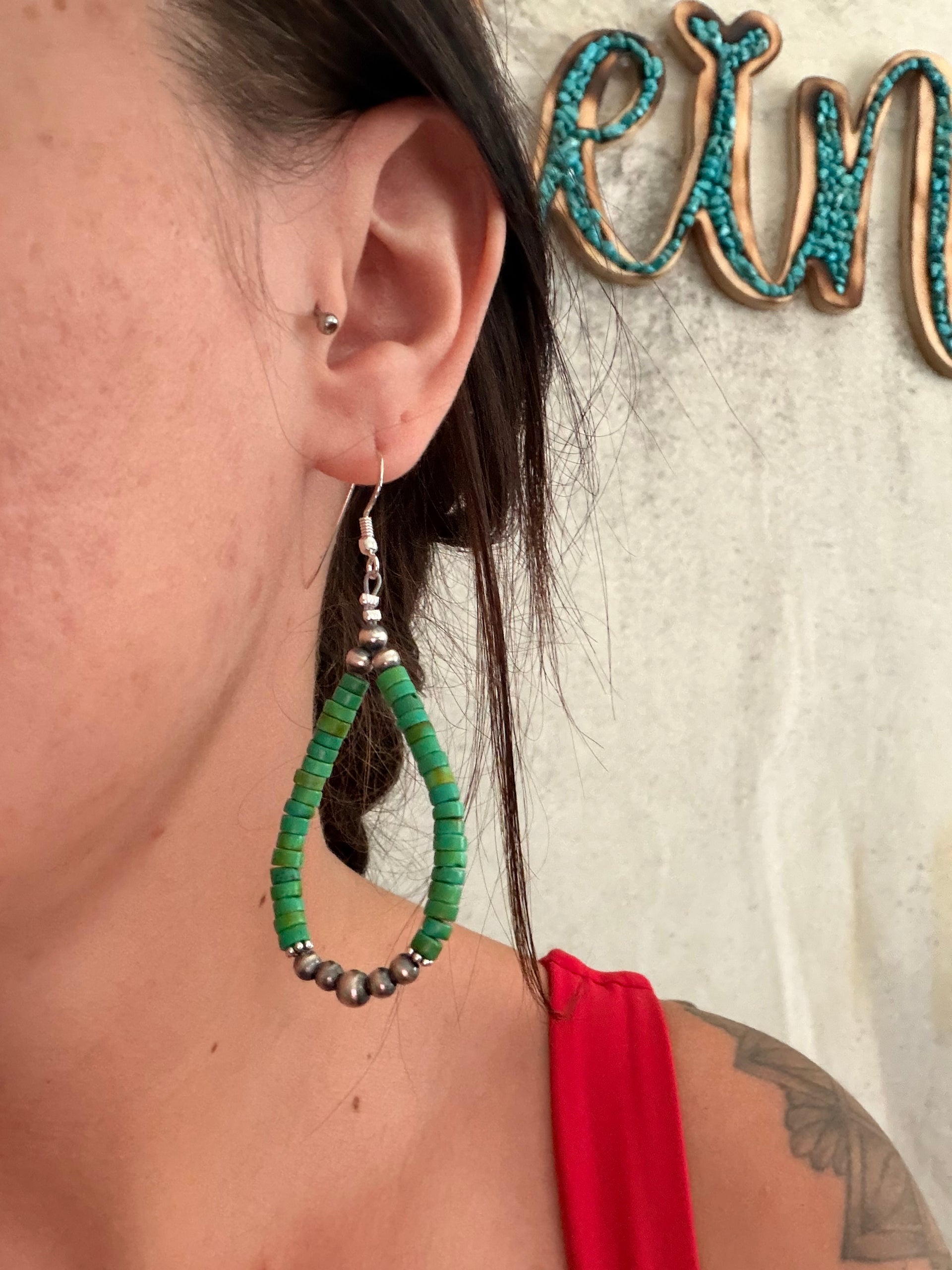 Navajo Made Mohave Turquoise & Sterling Silver Beaded Graduated Pearl Dangle Earrings