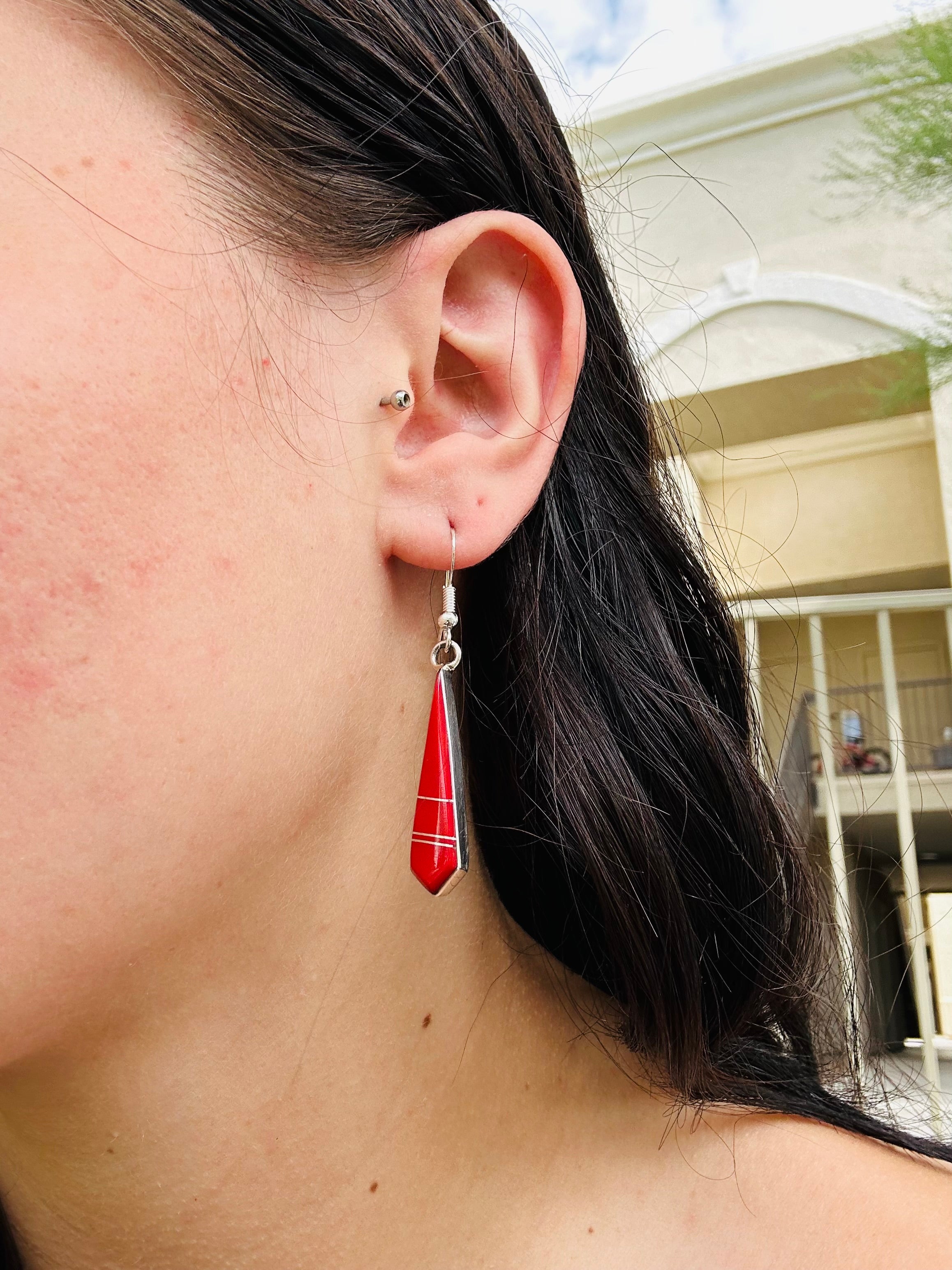 Mary Yazzie Coral & Sterling Silver Inlay Dangle Earrings