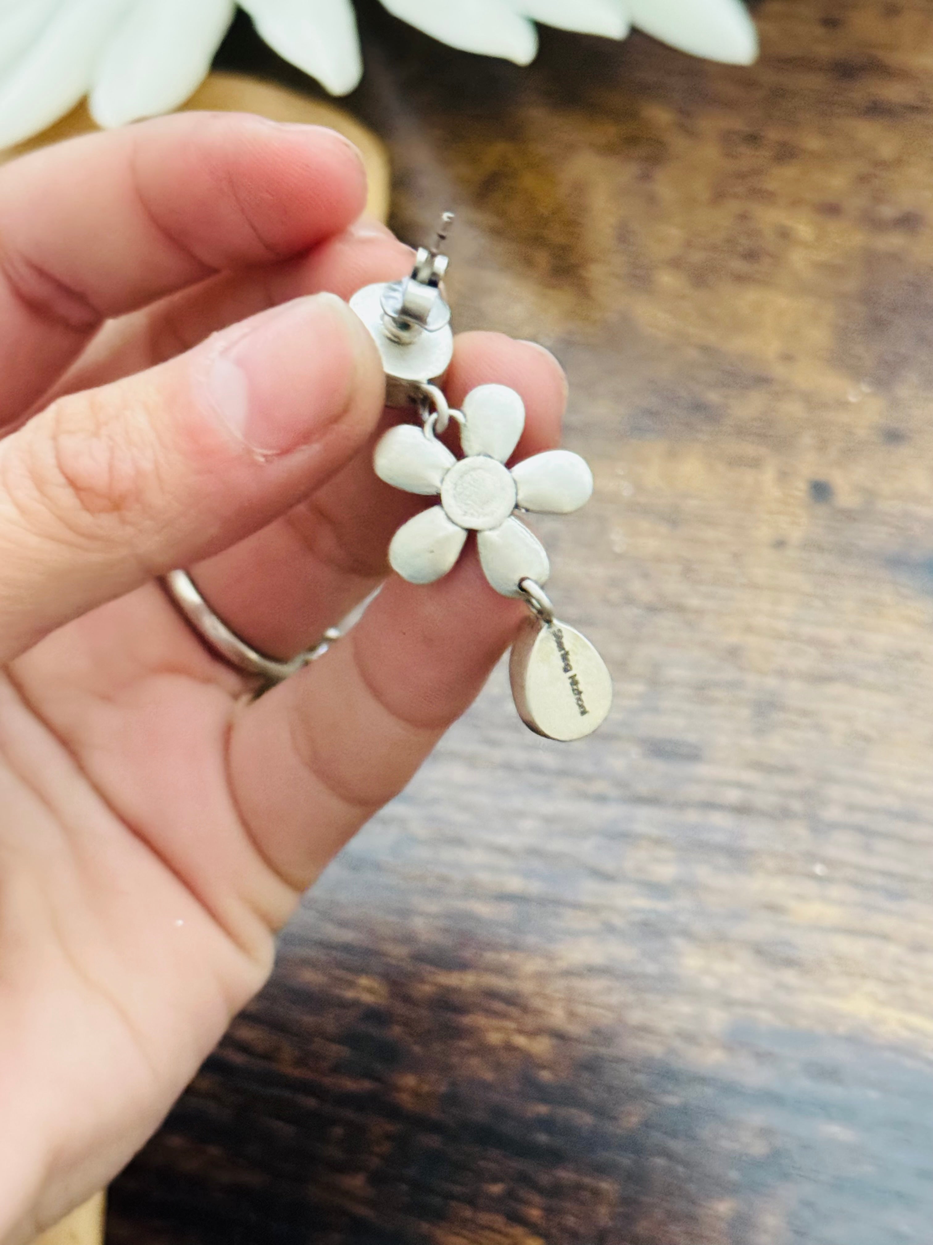 Southwest Handmade White Buffalo & Sterling Silver Post Dangle Flower Earrings