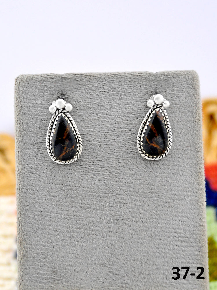 Southwest Made Black Jack Turquoise & Sterling Silver Post Earrings