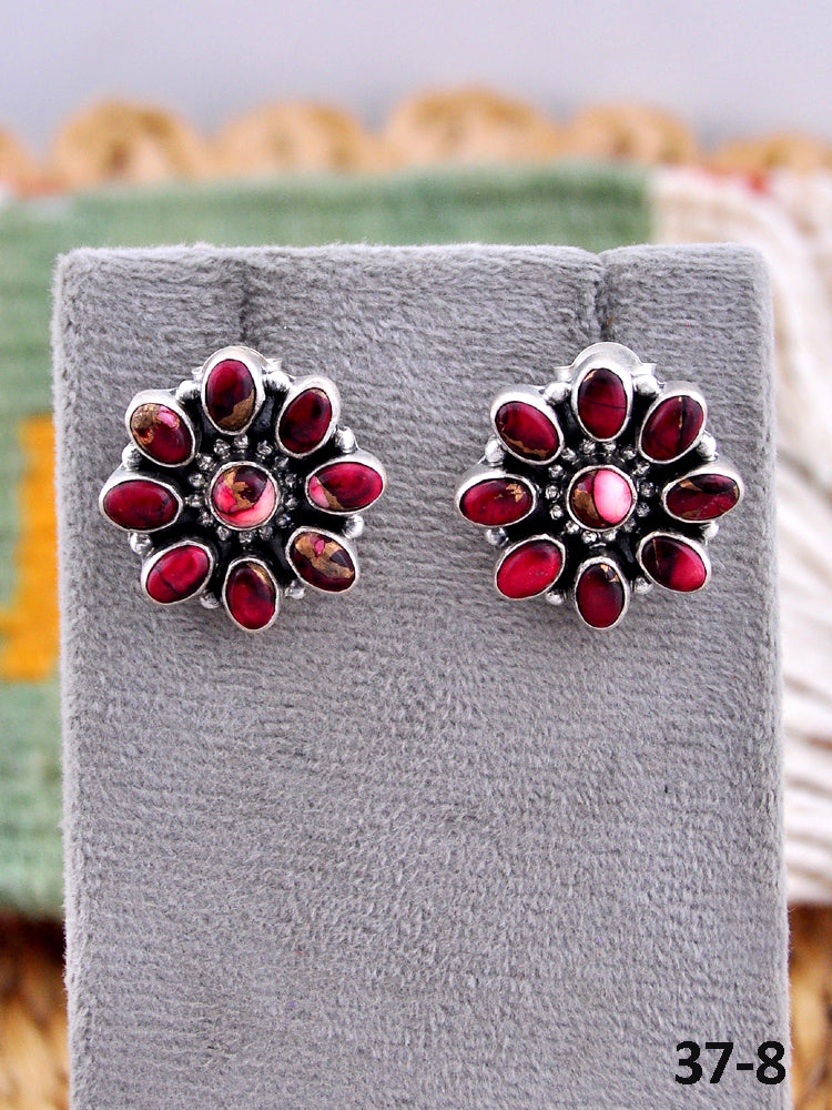 Southwest Made Red Dahlia & Sterling Silver Post Earrings