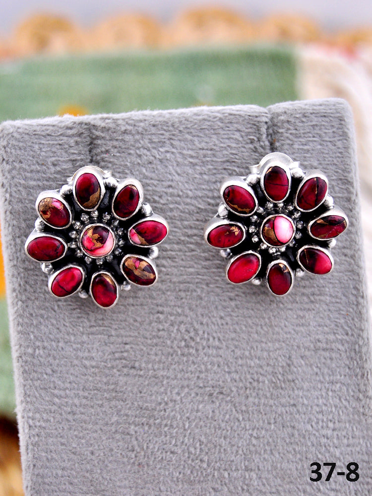 Southwest Made Red Dahlia & Sterling Silver Post Earrings