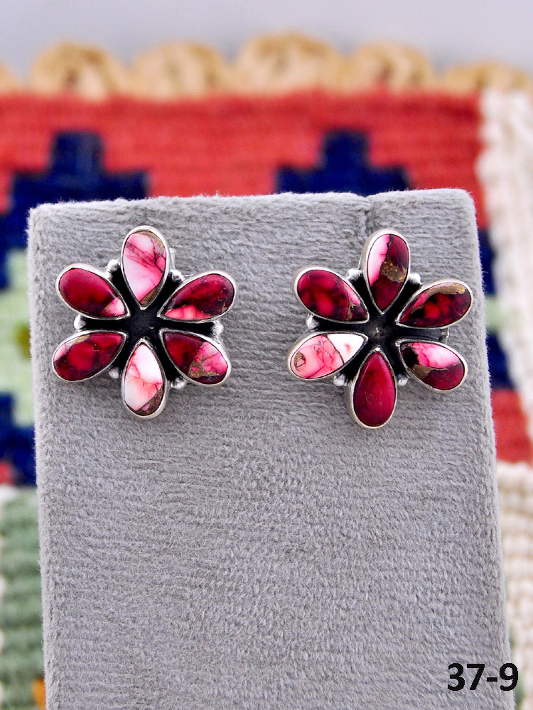 Southwest Made Red Dahlia & Sterling Silver Post Earrings