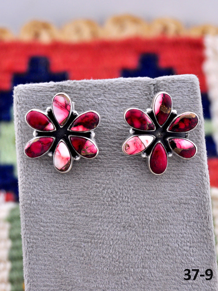 Southwest Made Red Dahlia & Sterling Silver Post Earrings