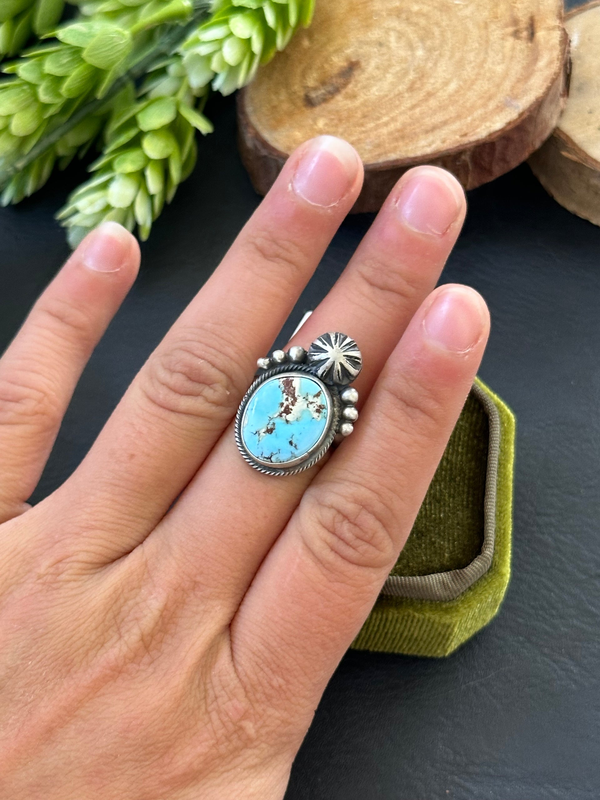 Marie Tsosie Golden Hills Turquoise & Sterling Silver Ring Size 7.5