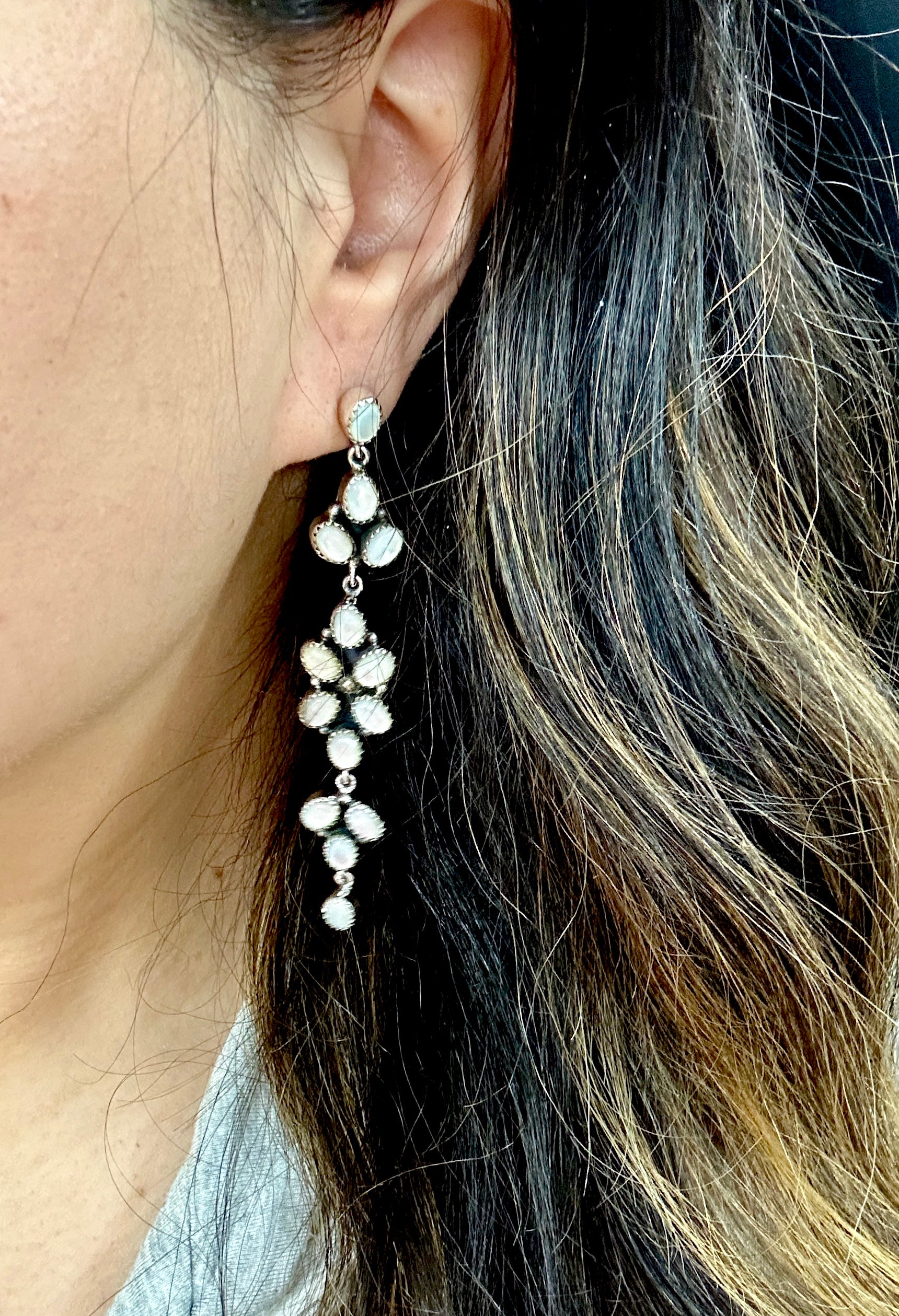 Southwest Handmade Mother of Pearl & Sterling Silver Post Dangle Earrings