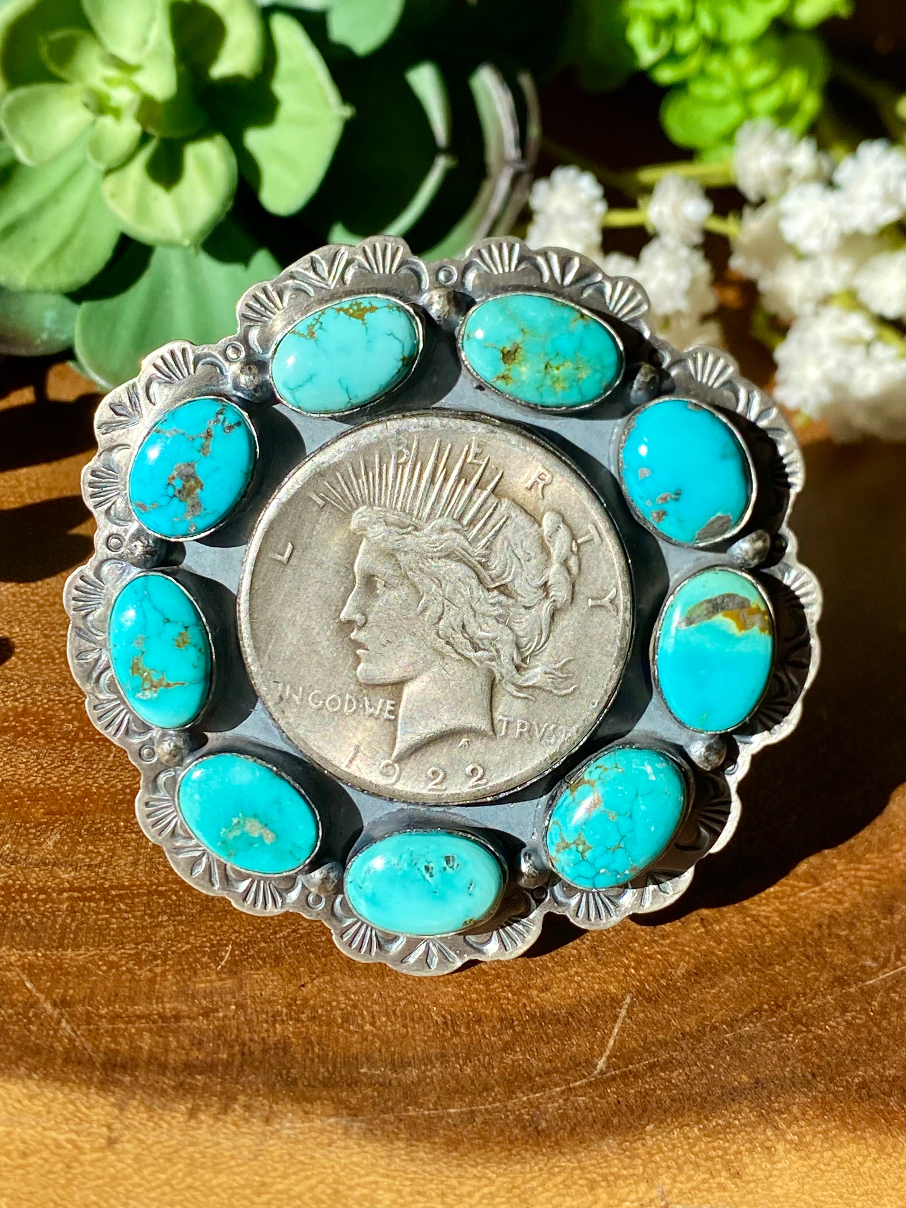 Boyd Ashley Kingman Turquoise & Sterling Silver 1922 Silver Dollar Cuff Bracelet