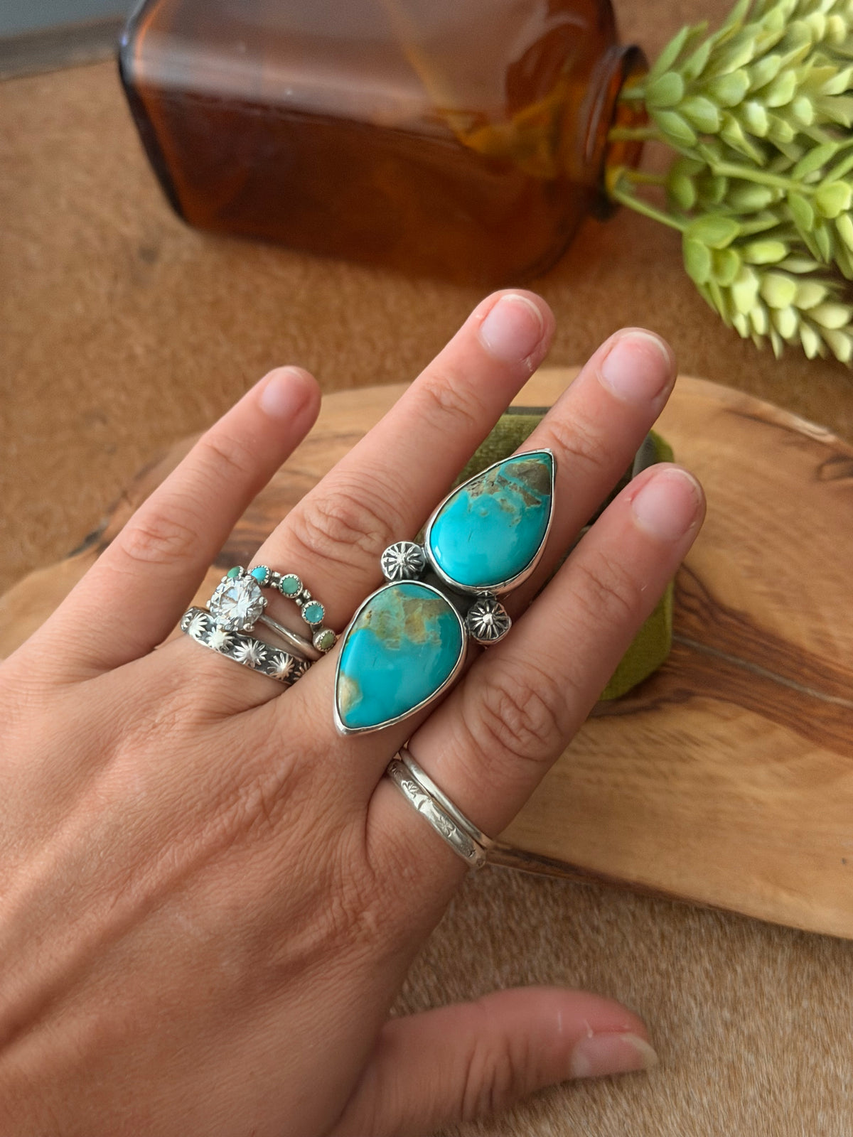 Navajo Made Kingman Turquoise & Sterling Silver Adjustable Ring