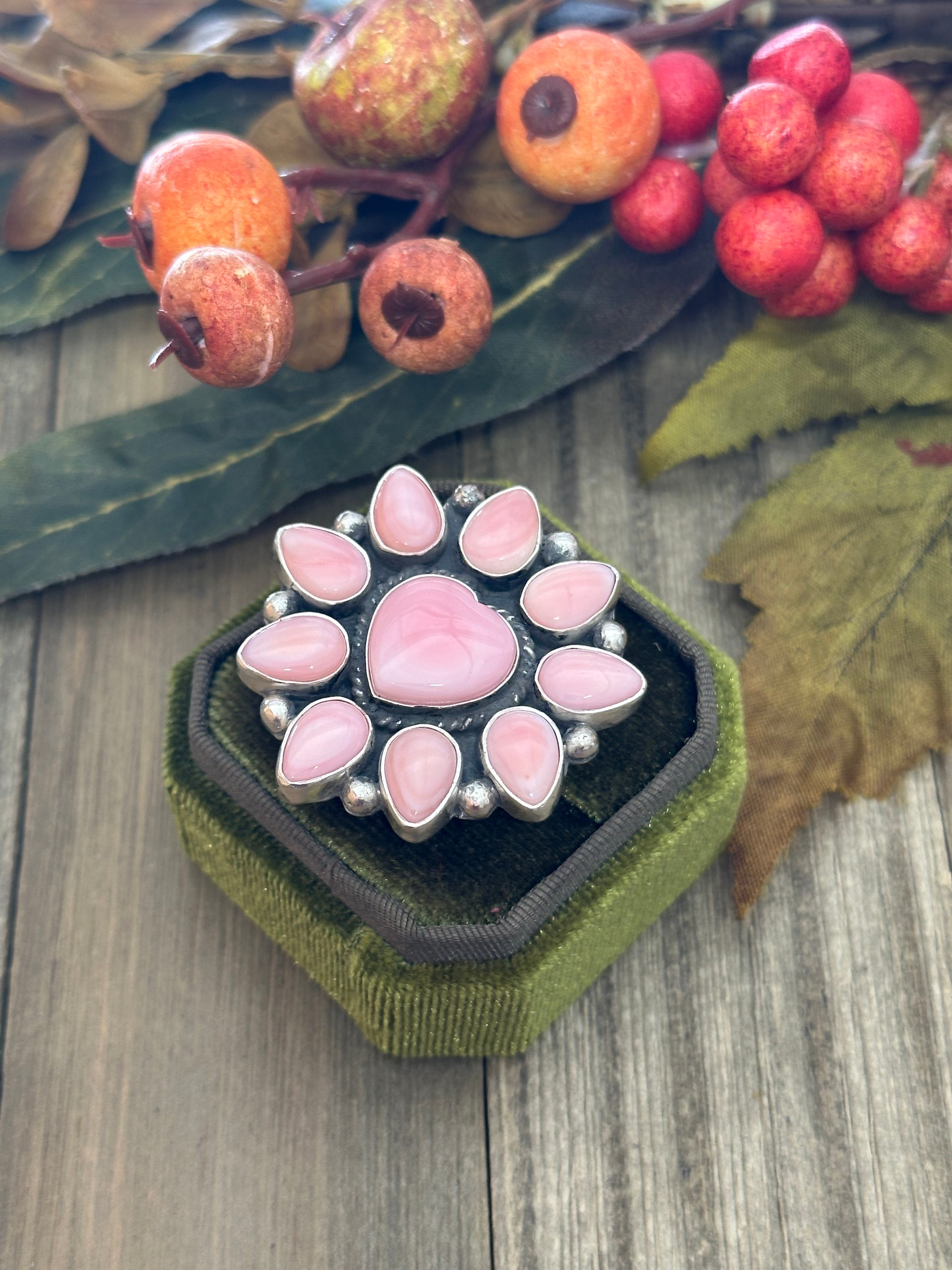 Navajo Made Pink Conch & Sterling Silver Heart Adjustable Ring