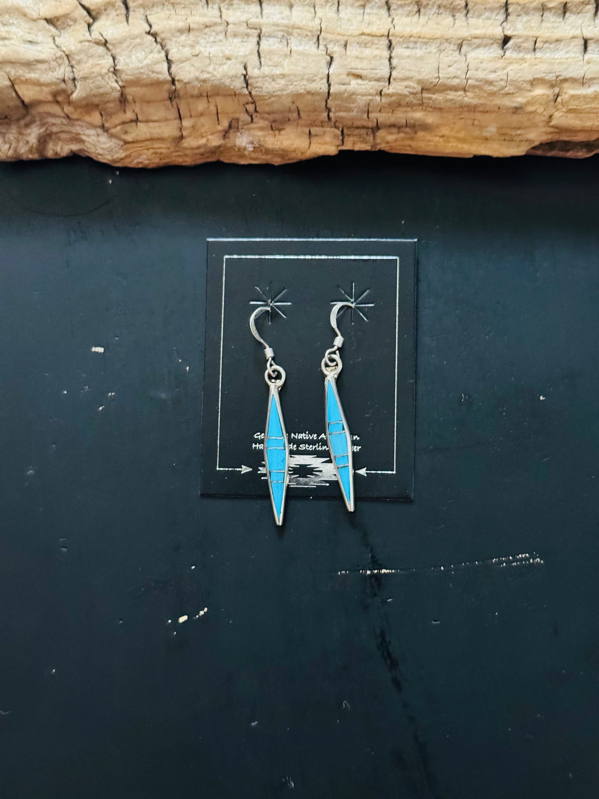 Navajo Made Kingman Turquoise & Sterling Silver Dangle Inlay Earrings