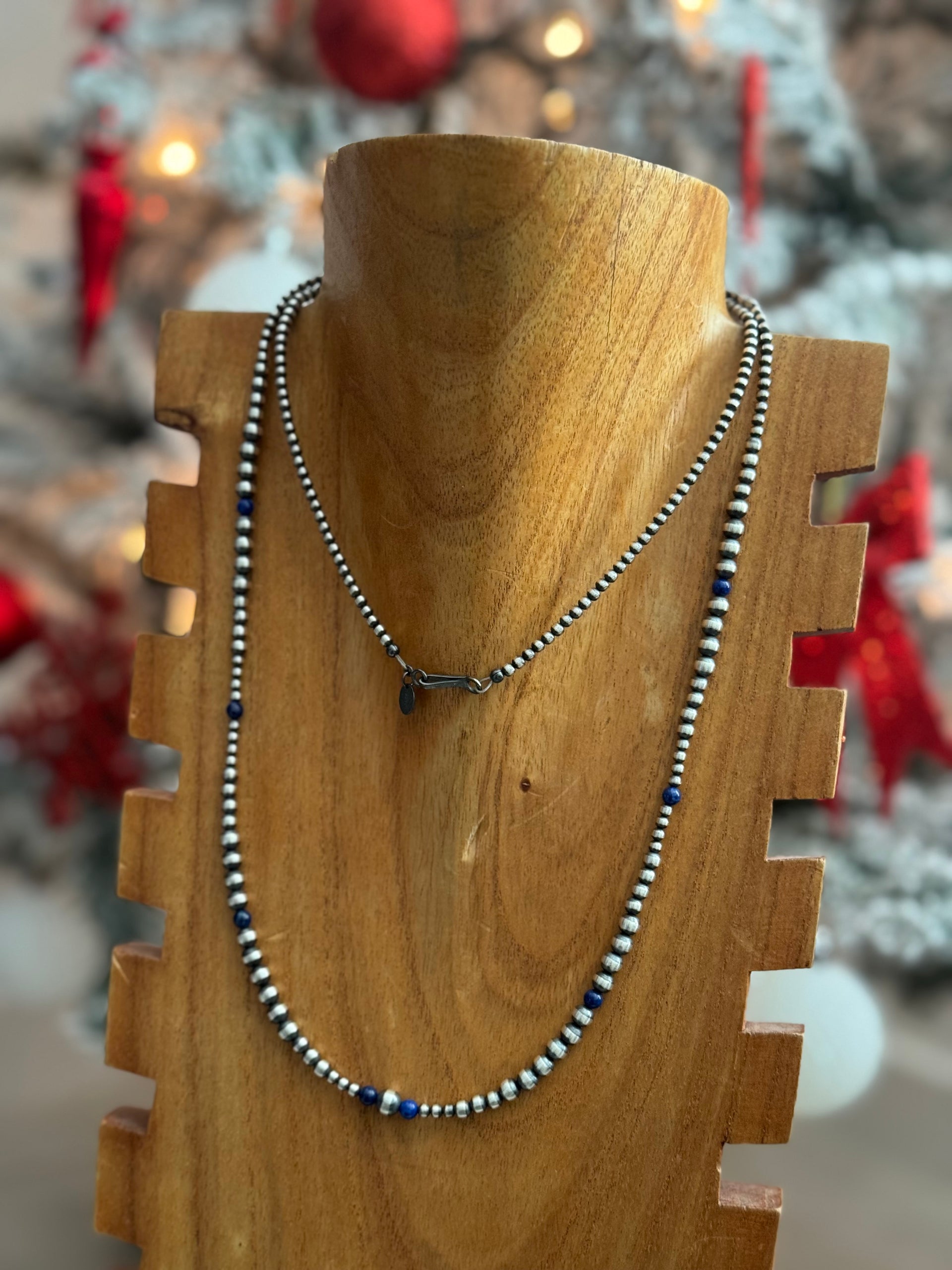 Navajo Strung Lapis & Sterling Silver Graduated Pearl Necklace