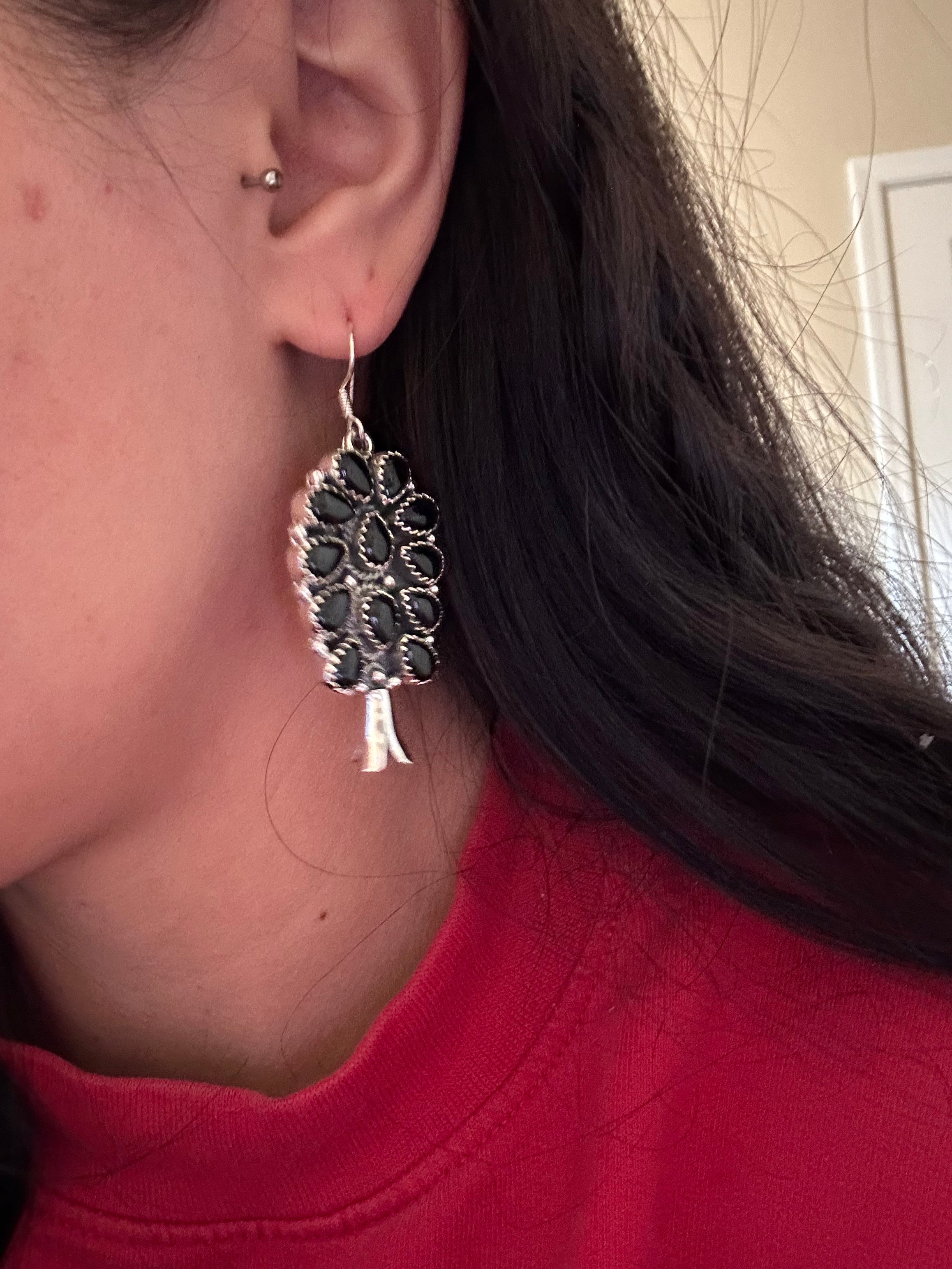 Southwest Handmade Onyx  & Sterling Silver Dangle Cluster Earrings
