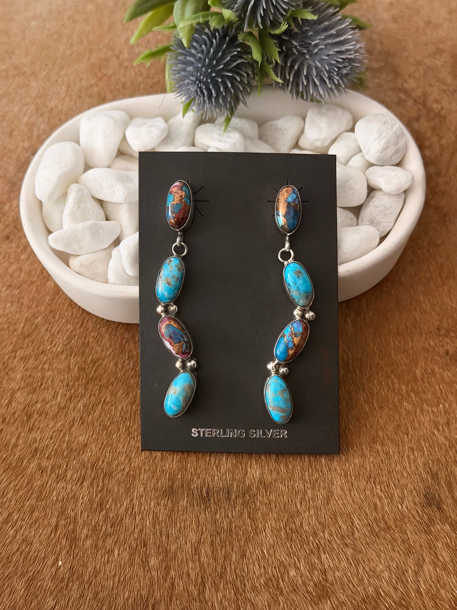 Navajo Made Mohave Turquoise & Sterling Silver Post Dangle Earrings