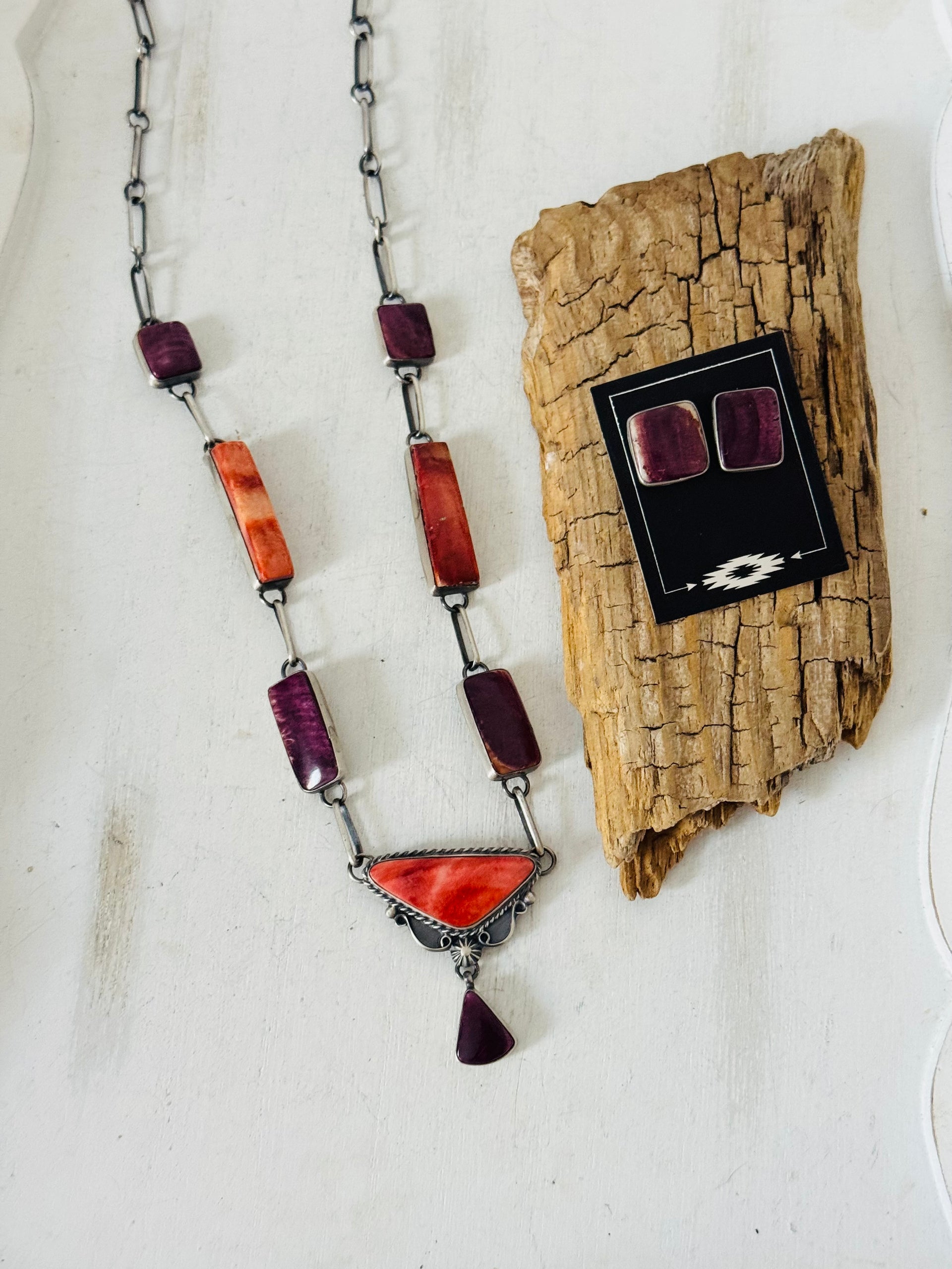 Navajo Made Purple & Red Spiny Oyster & Sterling Silver Necklace Set