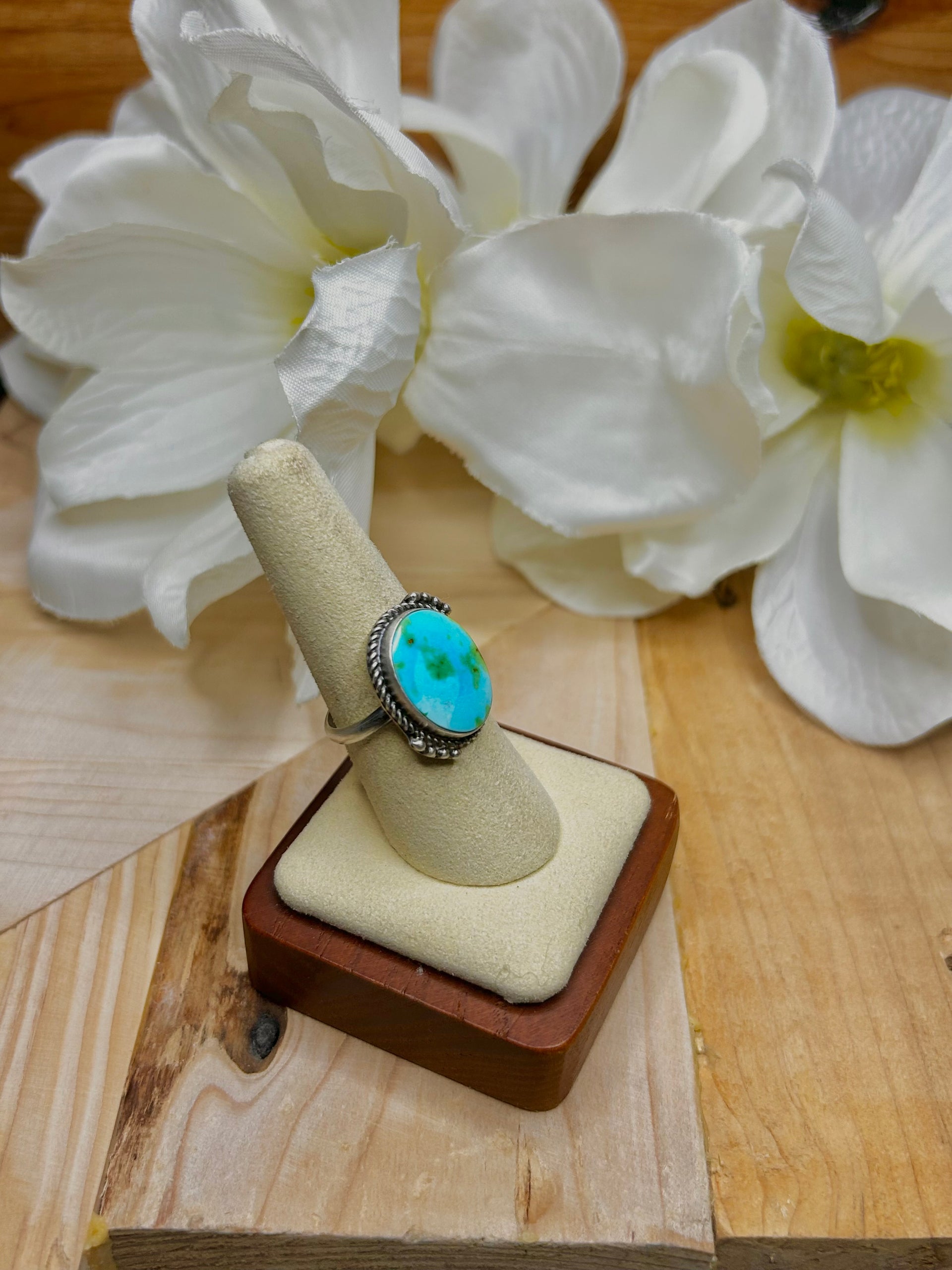 Navajo Made Sonoran Mountain Turquoise & Sterling Silver Cluster Ring Size 8