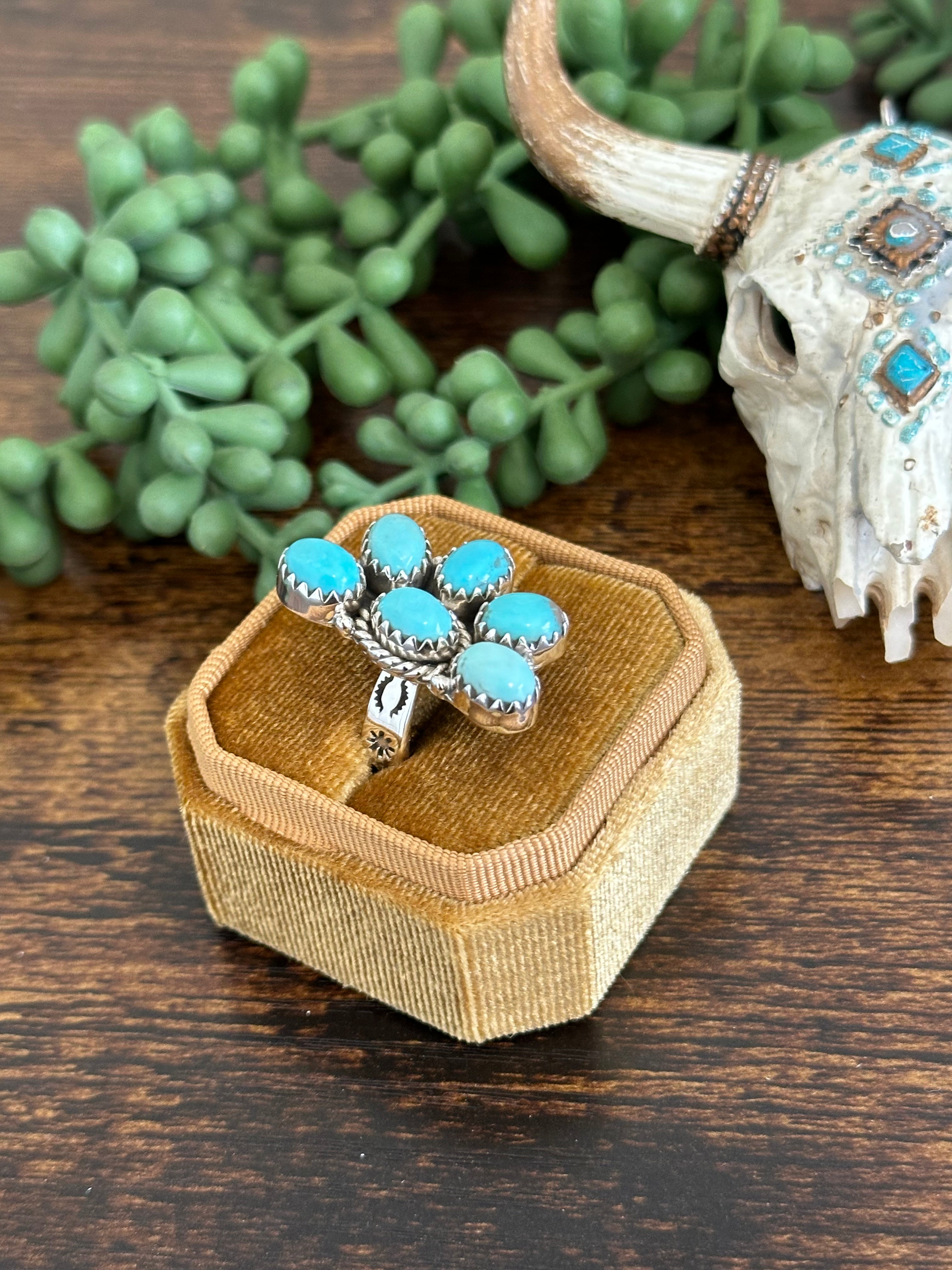 Southwest Handmade Kingman Turquoise & Sterling Silver Adjustable Cluster Ring