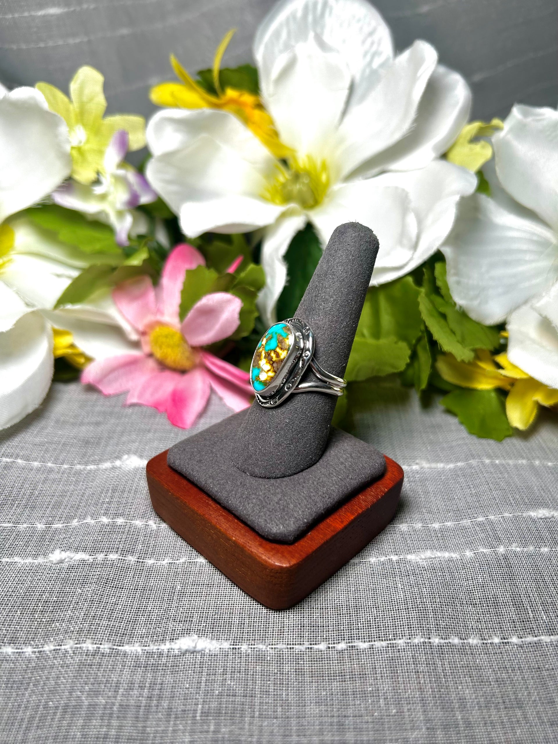 Navajo Made Natural Sonoran Mountain Turquoise & Sterling Silver Ring Size 9.25