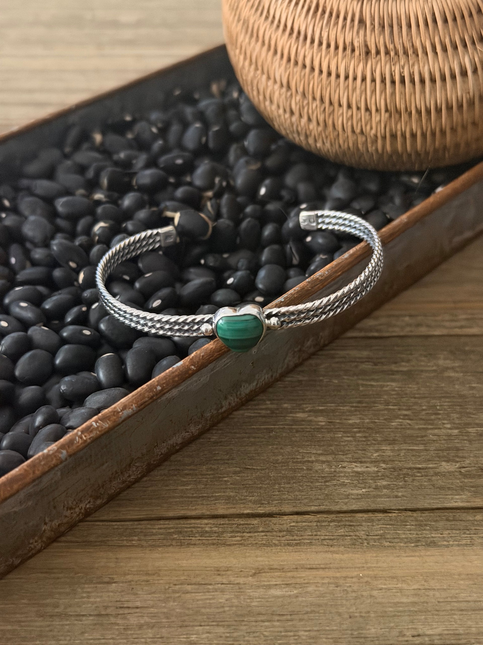 Duane Smith Malachite & Sterling Silver Heart Cuff Bracelet