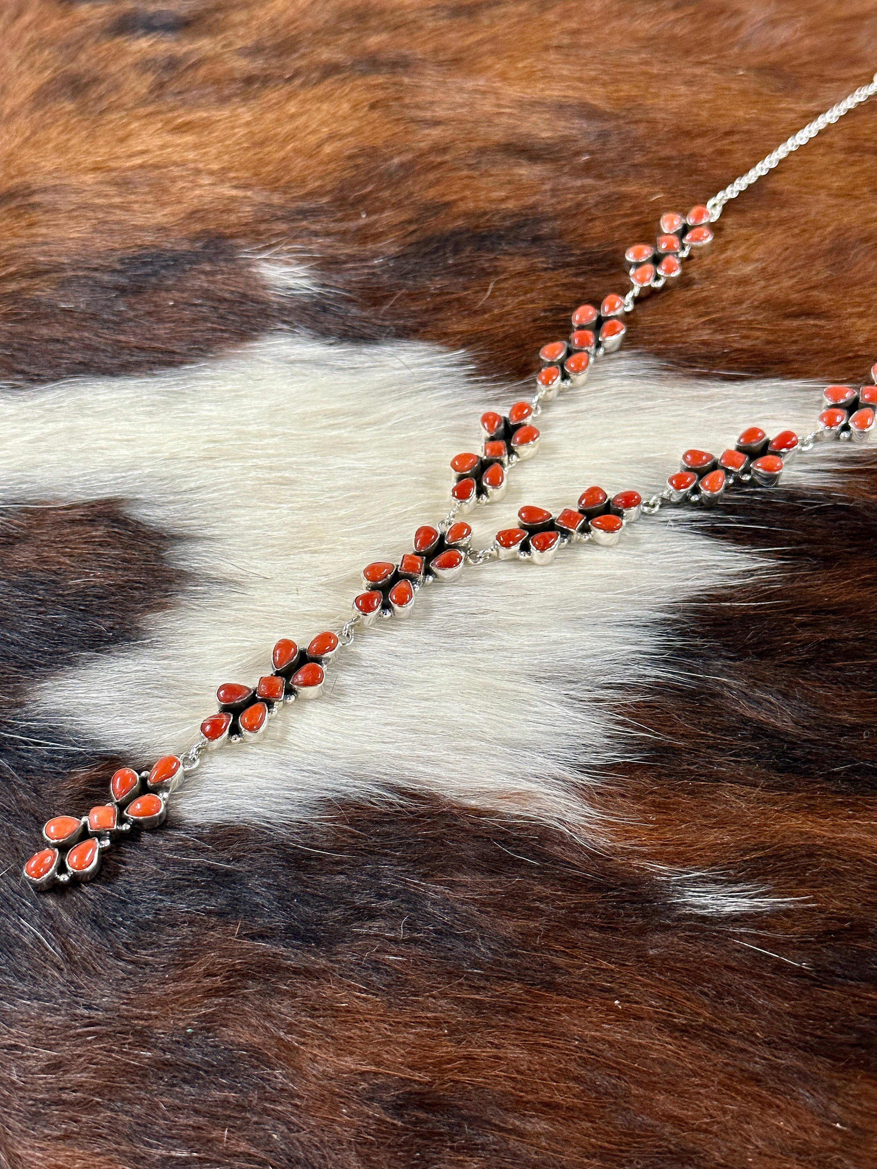 Southwest Handmade Natural Red Coral & Sterling Silver Necklace Set