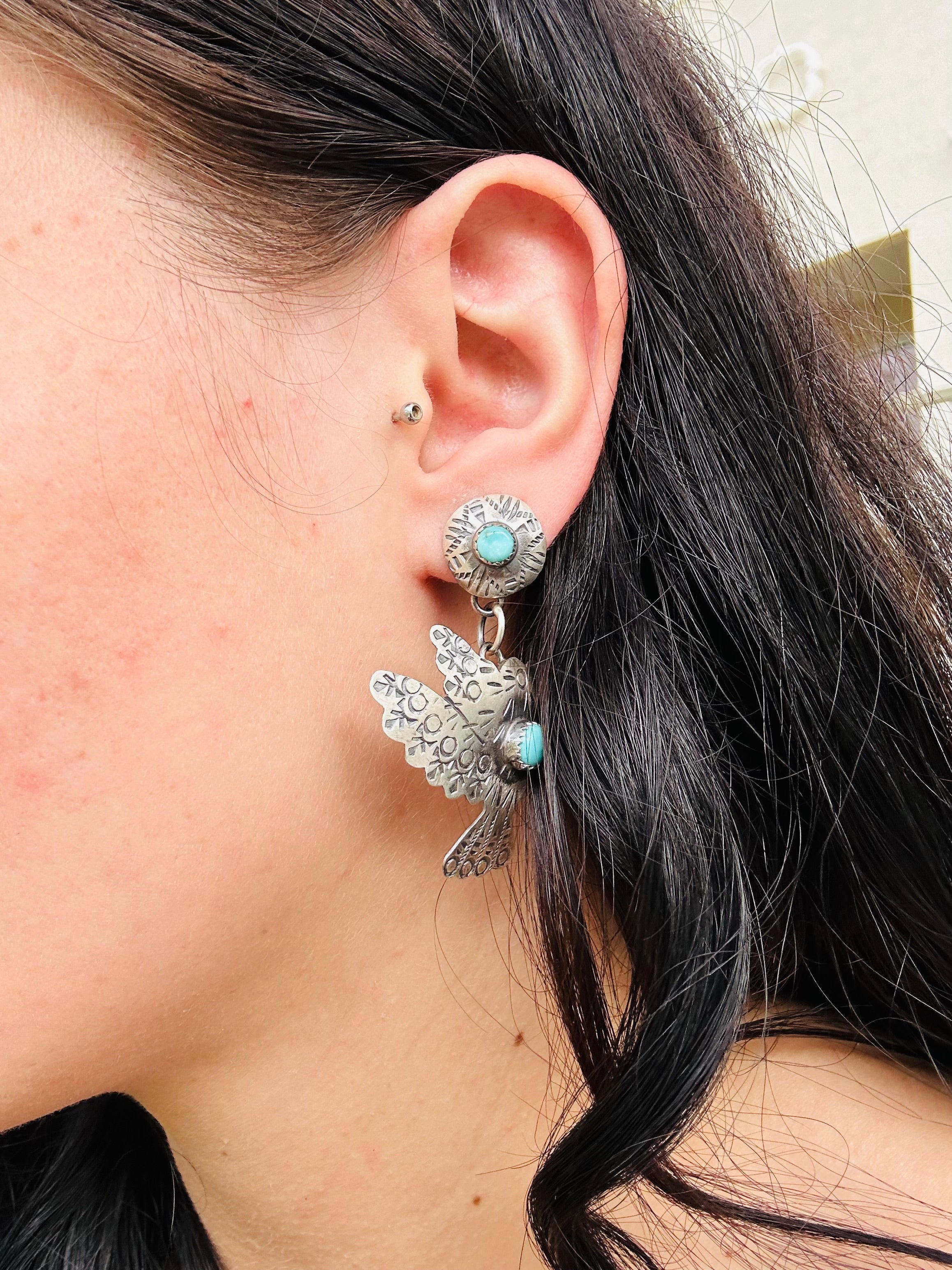 Tonya Yazzie Kingman Turquoise & Sterling Silver Hummingbird Dangle Earrings