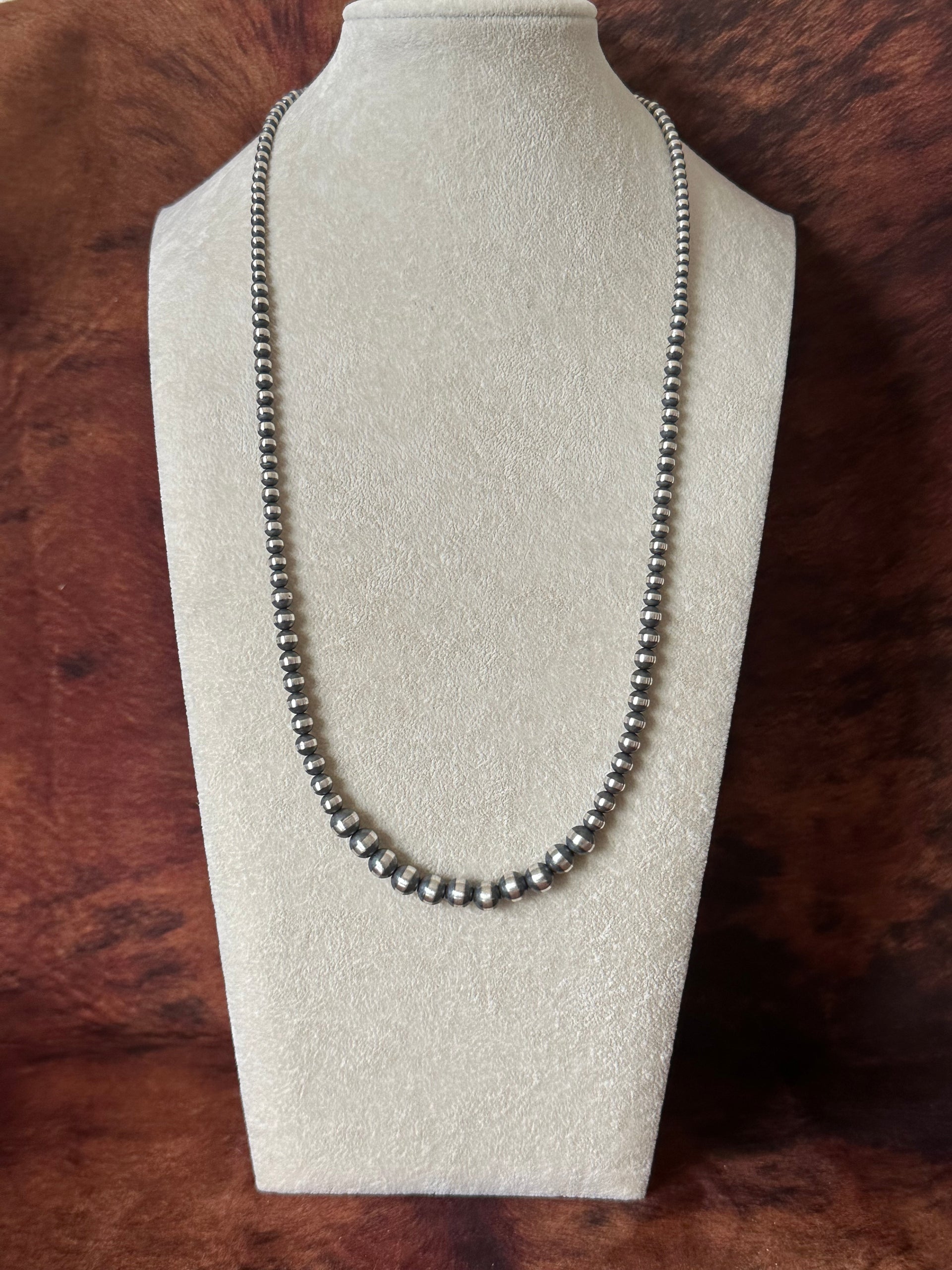 Navajo Strung 3 MM-8 MM Graduated Sterling Silver Pearls Beaded Necklace