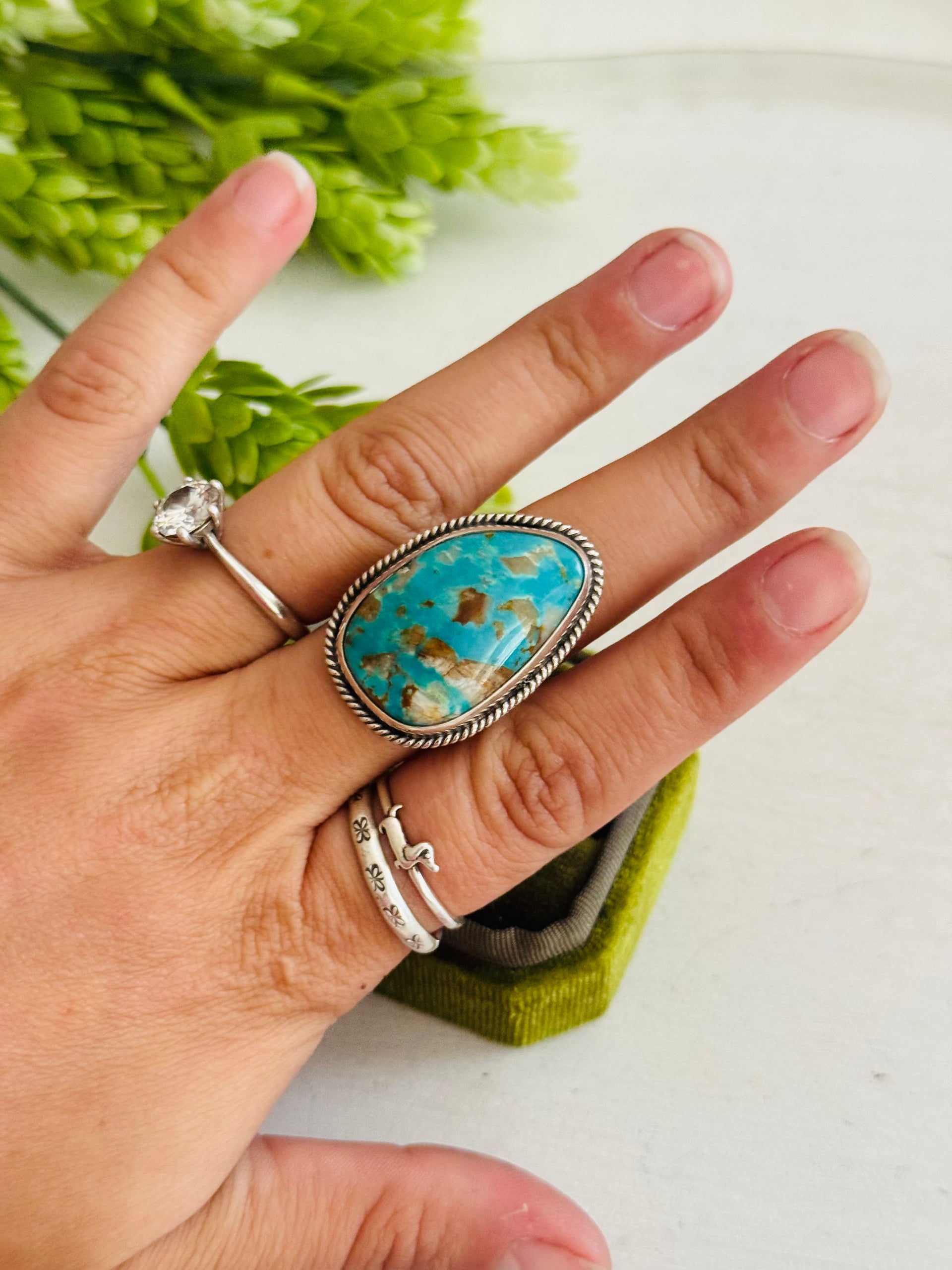 Southwest Made Kingman Turquoise & Sterling Sliver Ring Size 9.5