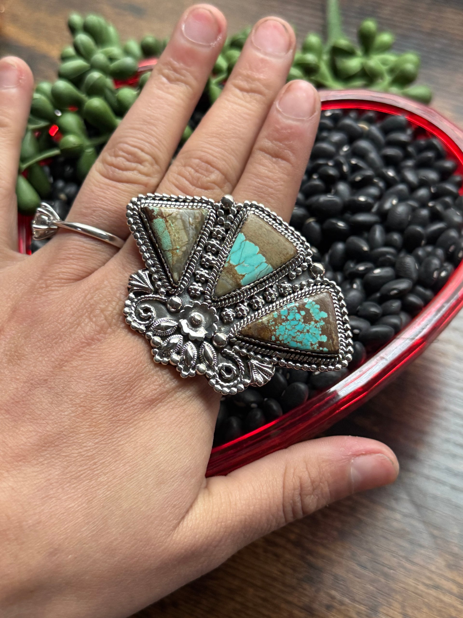 Southwest Handmade #8 Turquoise & Sterling Silver Adjustable Cluster Ring