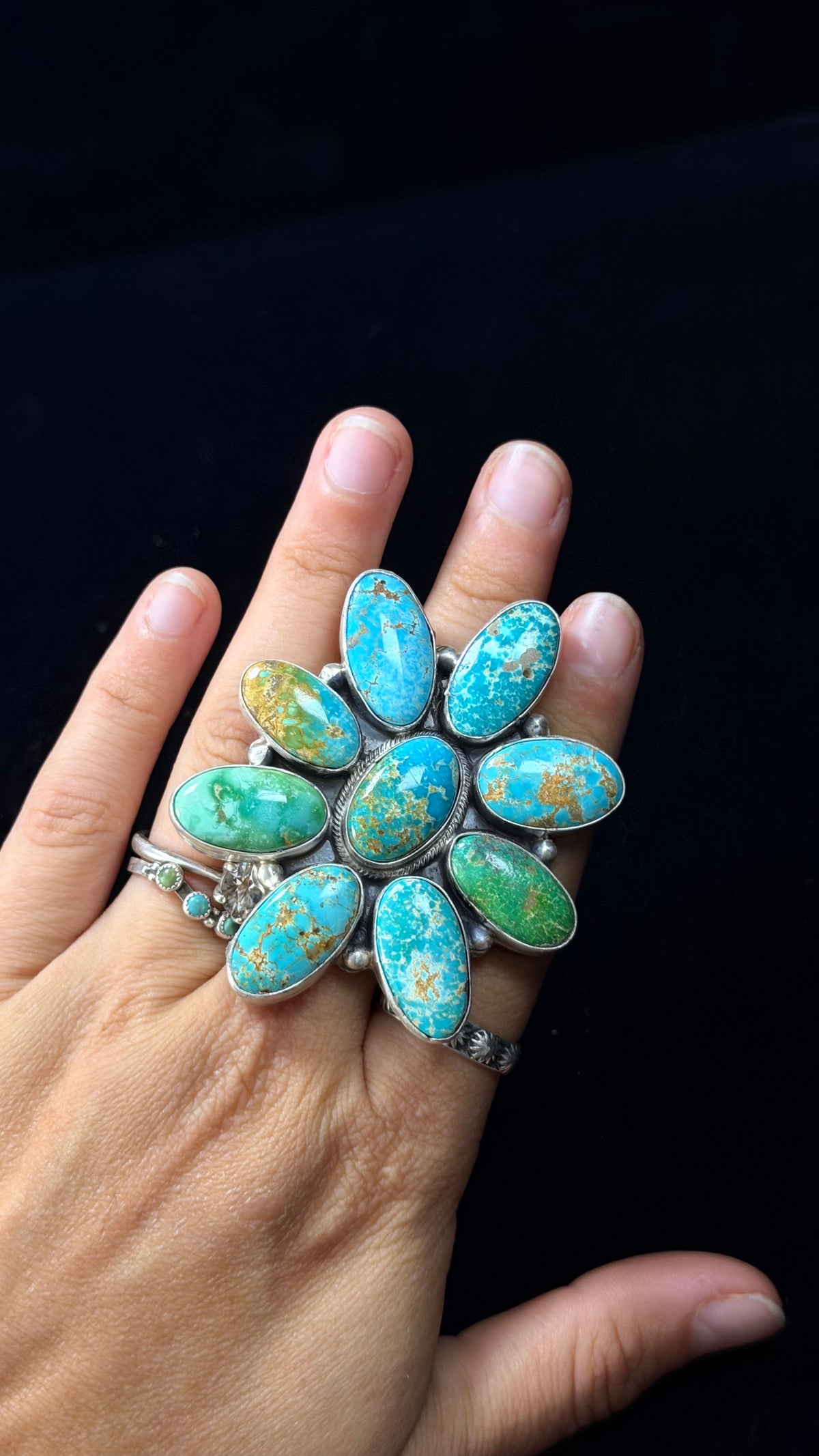 Arlene Begay Sonoran Mountain Turquoise & Sterling Sliver Cluster Ring Size 8.5