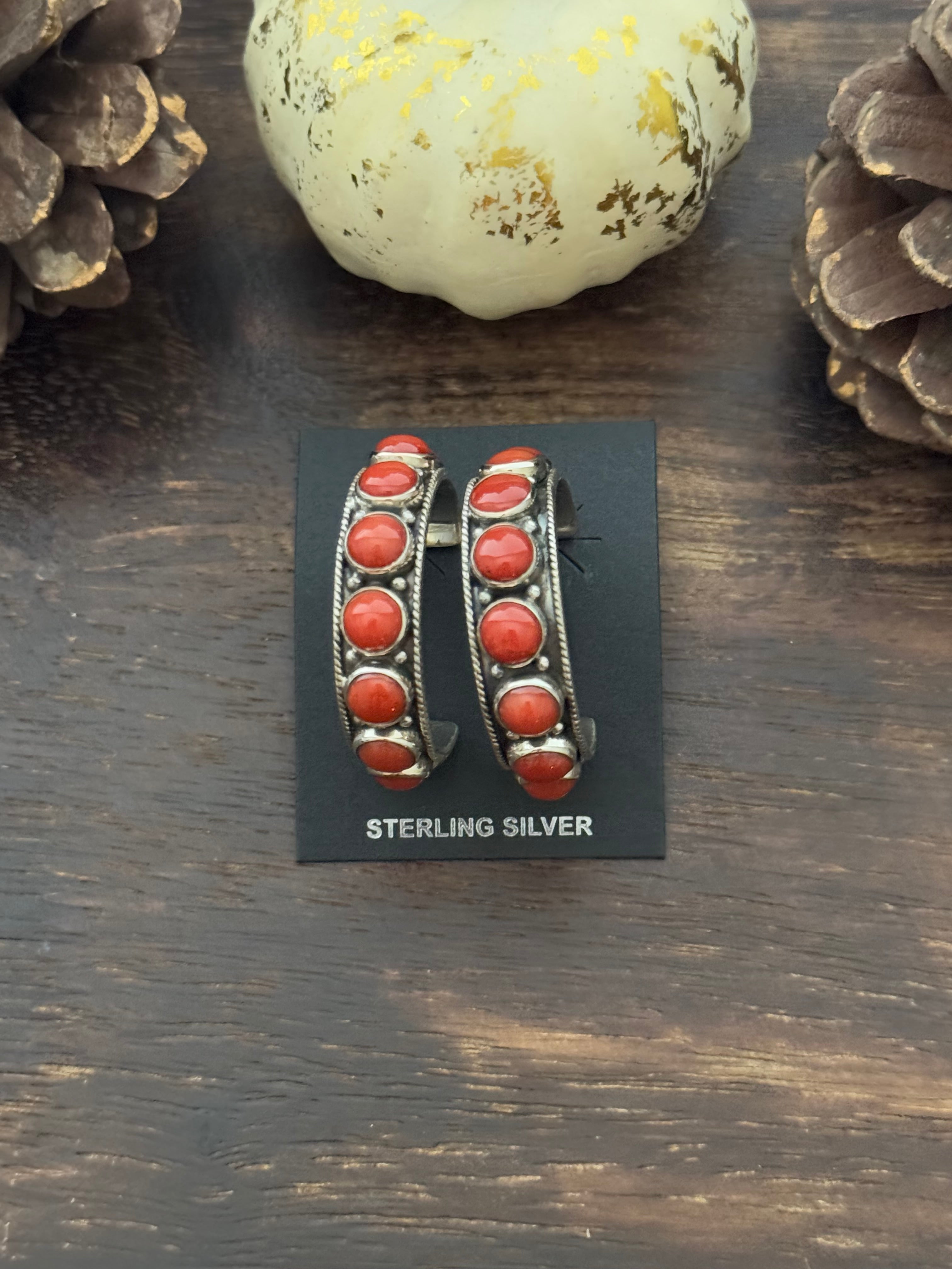 Navajo Made Coral & Sterling Silver Hoop Earrings